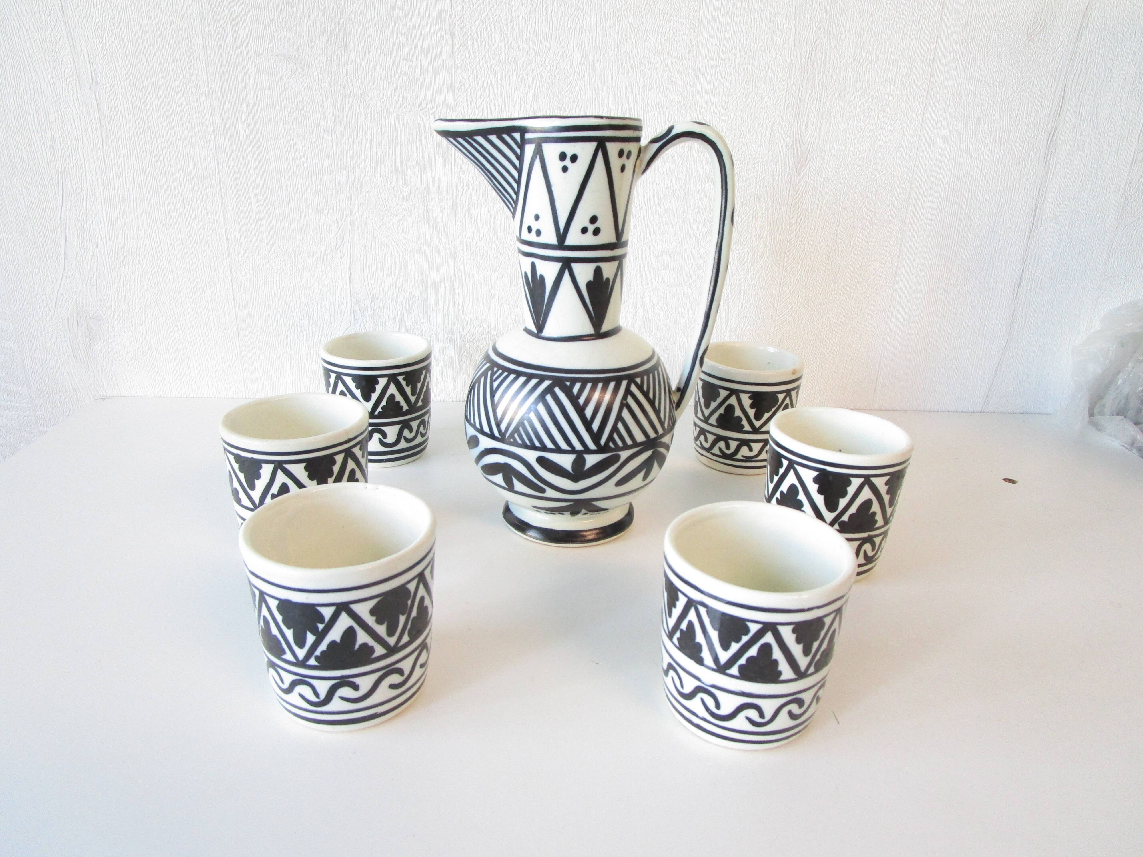 Ceramic tea set Moroccan black white antique