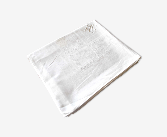 Nappe vintage en coton damassé blanc brodé