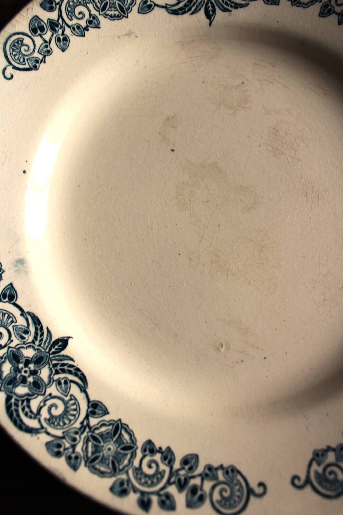 6 mismatched flat plates Terre de fer bleu Alésia Marcel Longchamp