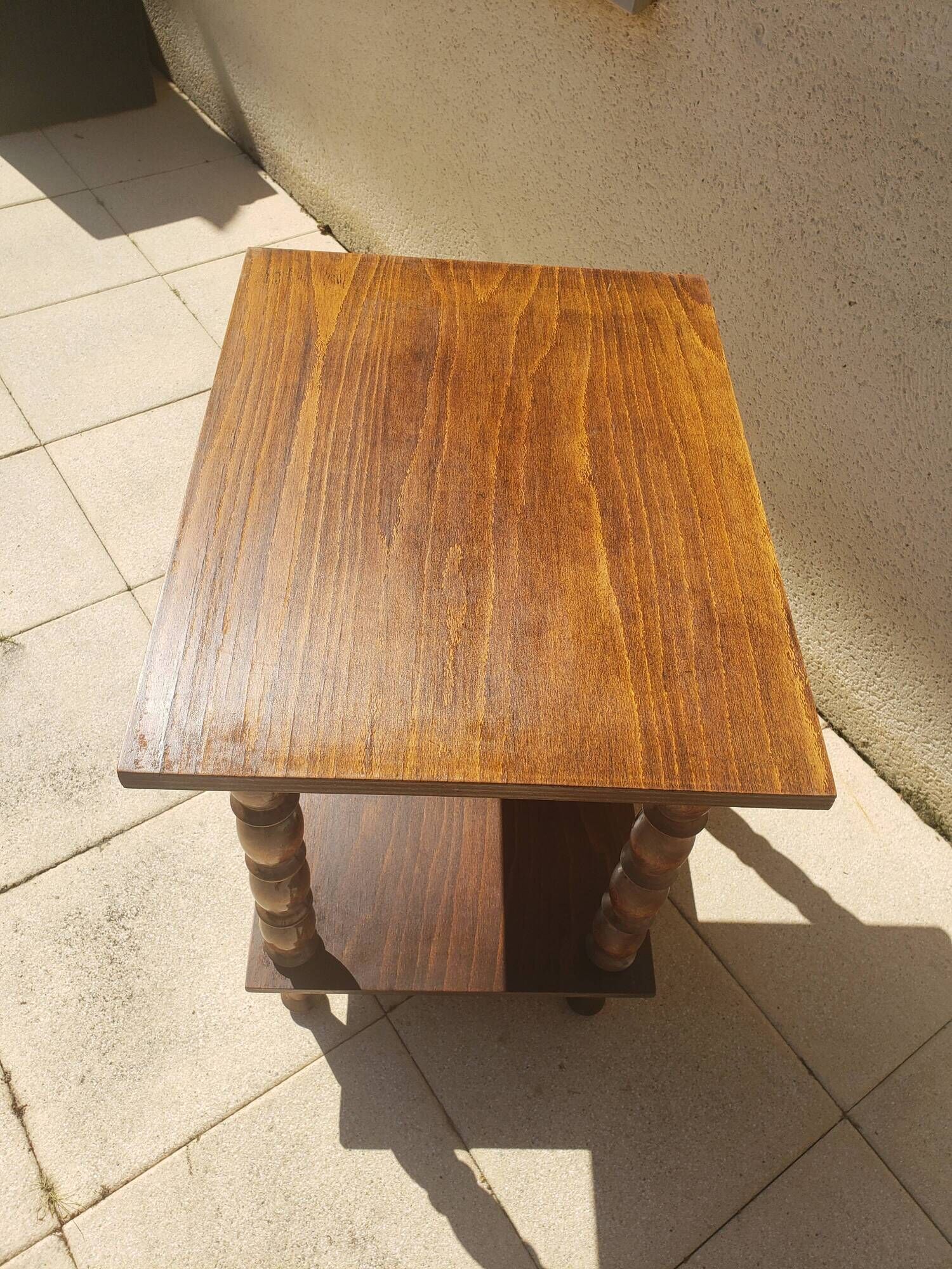 Vintage wooden console side table with turned legs.