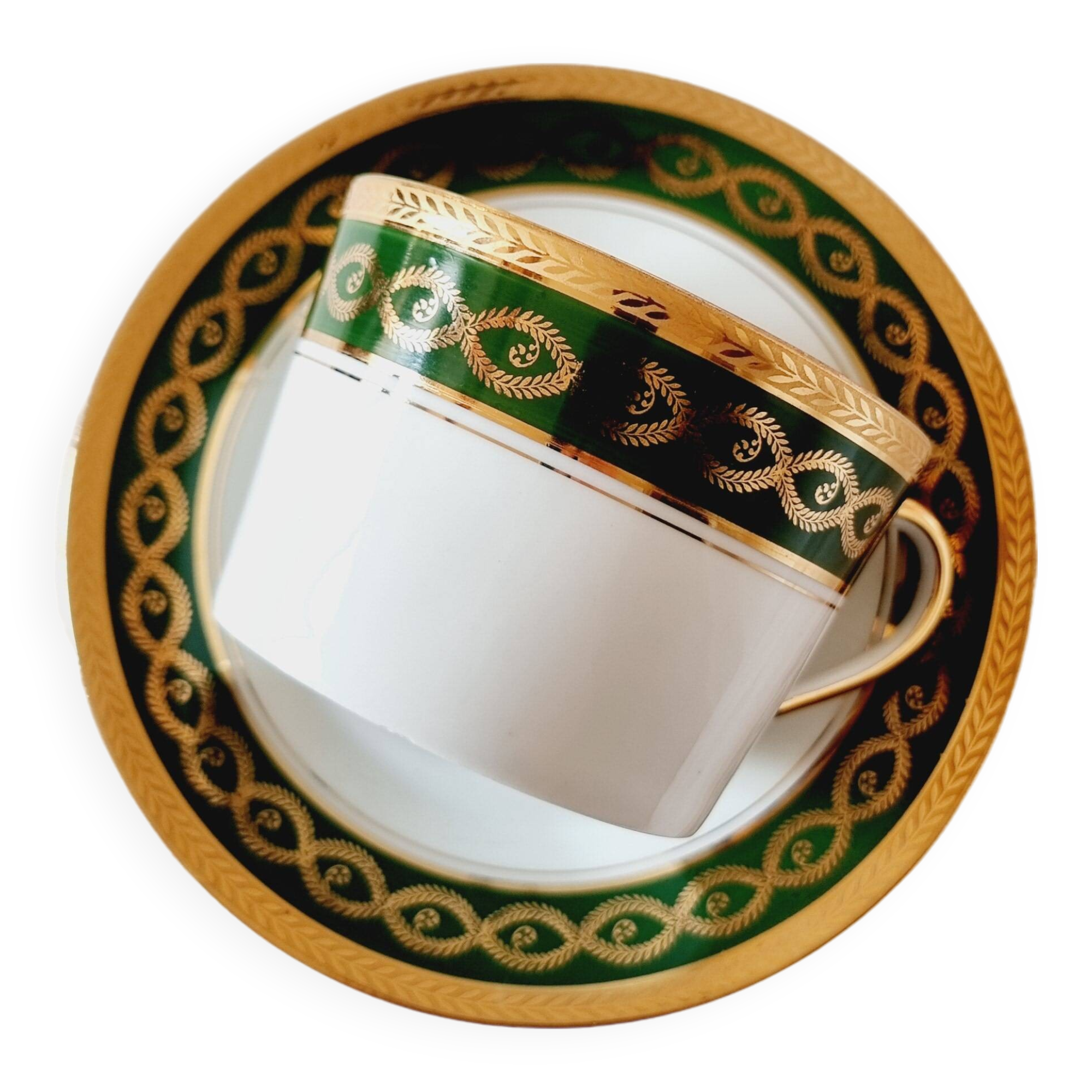 Large Fine Porcelain Cup and Saucer by Artist R. Sechet for Limoges Empire Style Lou