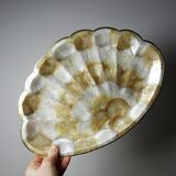 Large platter or shell-shaped catchall in capiz mother-of-pearl and vintage brass.
