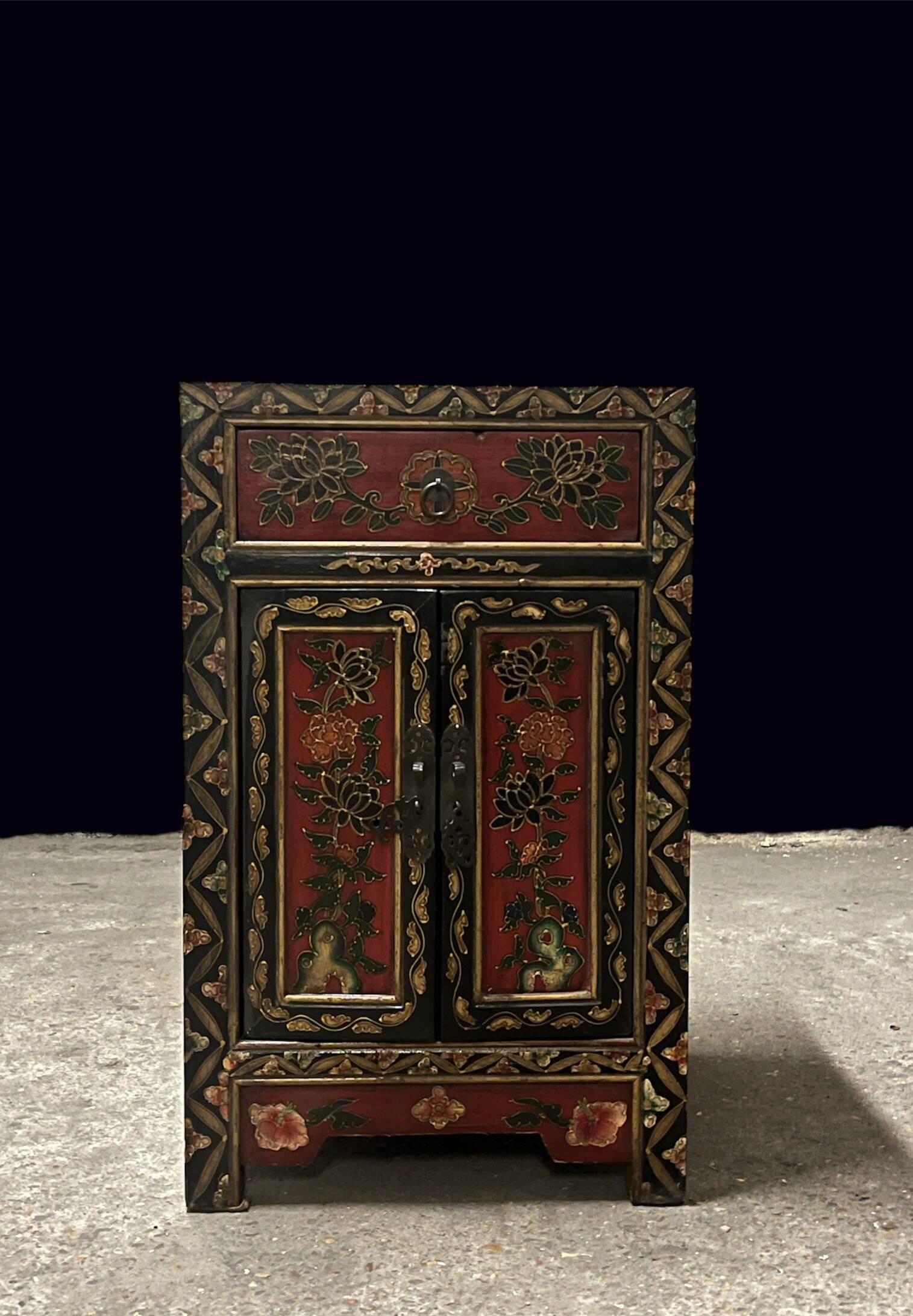 Small vintage Chinese hand painted cabinet / chest of drawers