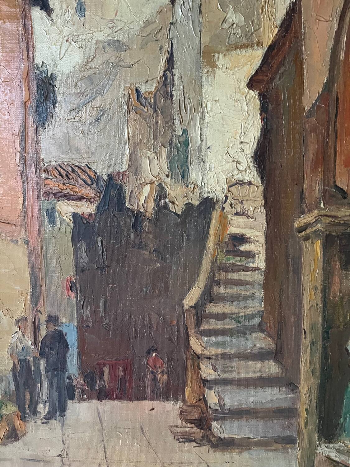 Scène de rue devant château, huile sur toile