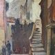 Scène de rue devant château, huile sur toile
