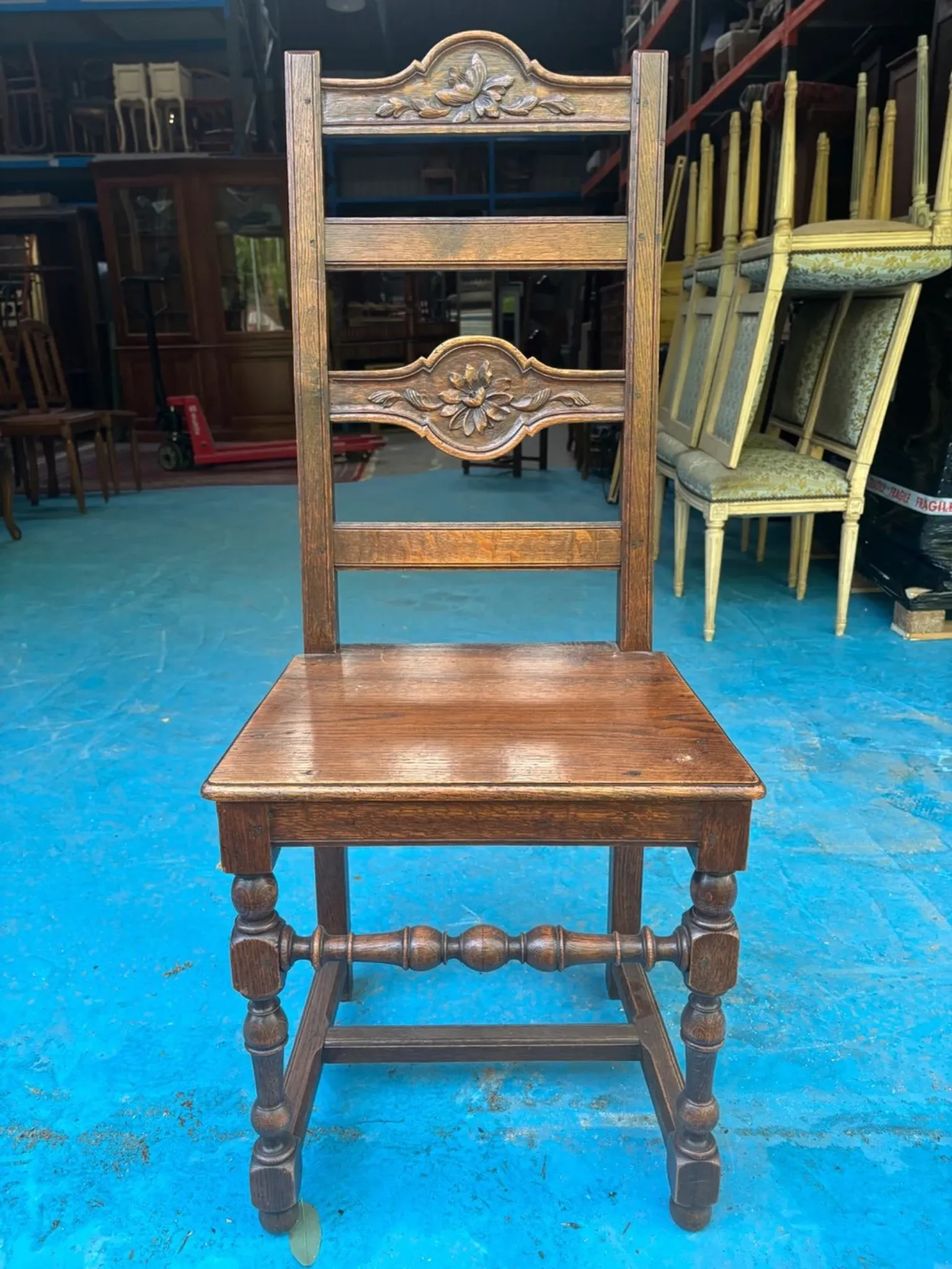 Set of 8 Rustic Chairs in Henri II Style, Carved Oak