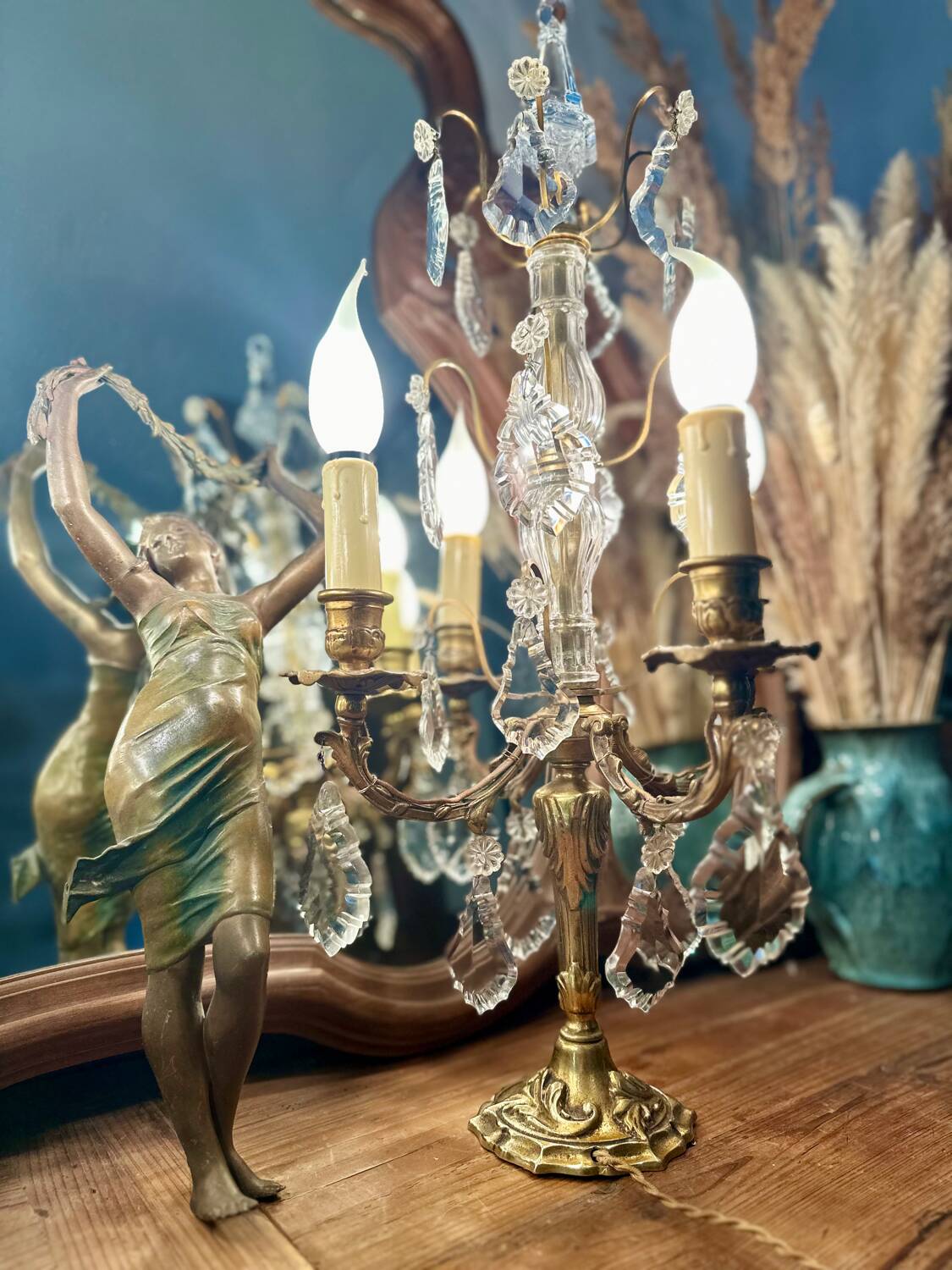 Girandole candelabra lamp in crystal and bronze