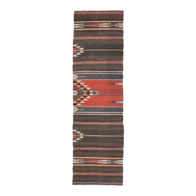 Tapis de couloir vintage turc Oushak fait main en laine et coton marron