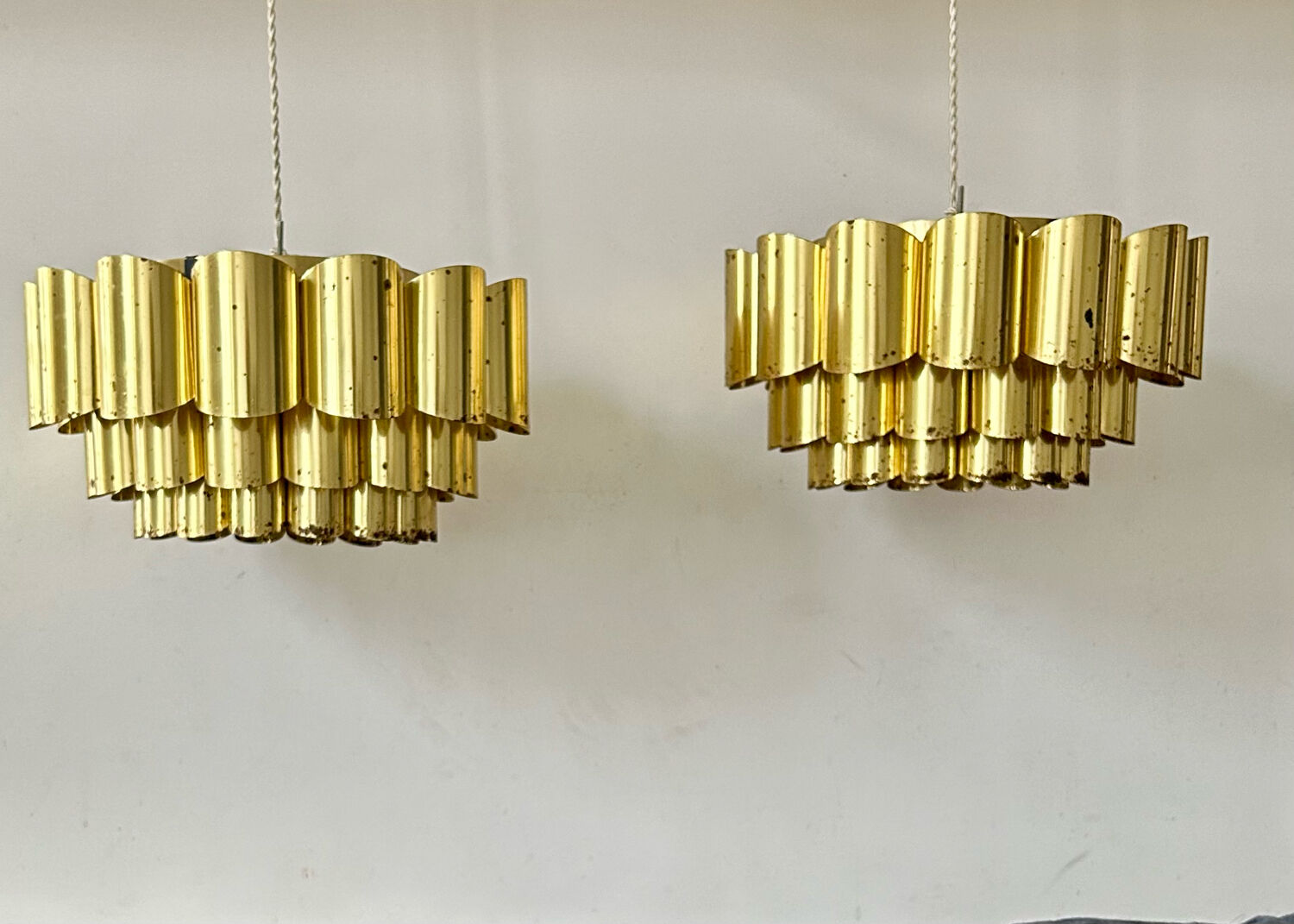 Pair of pendant lamps vintage Thorsten Orrling,solid brass, Suede 1960
