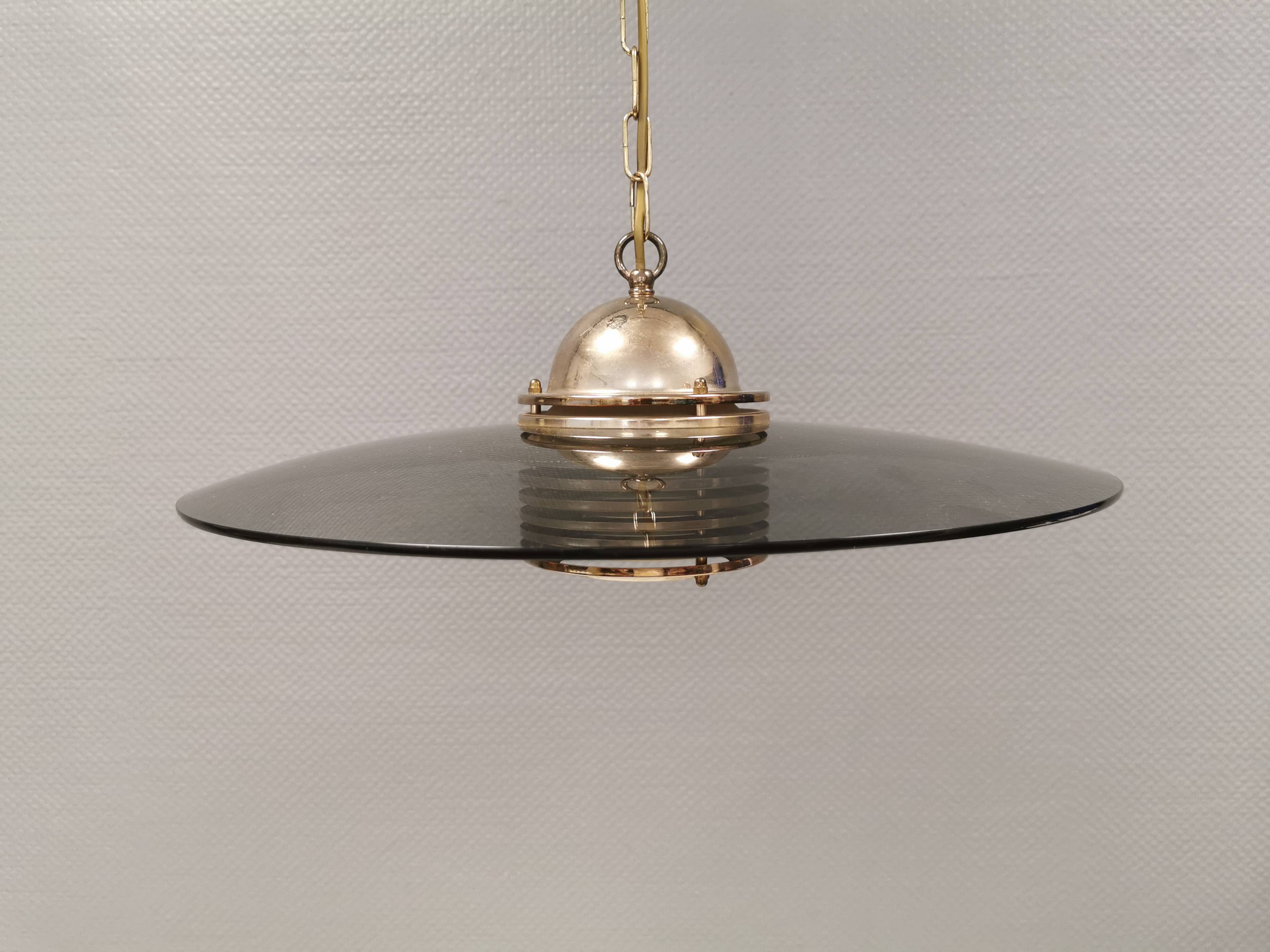 Original Belid T 391 pendant light in gold-coloured metal and smoked glass