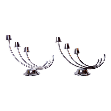 Pair of art deco candlesticks in stainless steel 3 flames, Spain, 1970