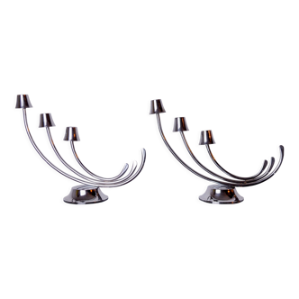 Pair of art deco candlesticks in stainless steel 3 flames, Spain, 1970