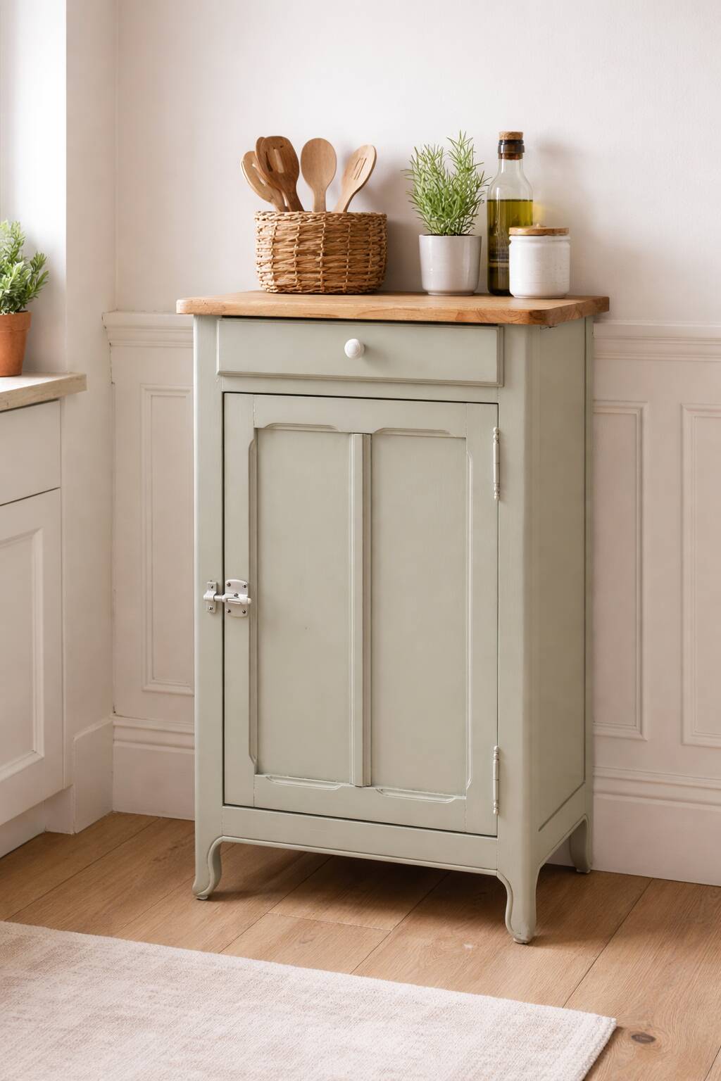 Vintage Parisian cupboard with 1 door, 1 drawer, reimagined in grey-green.