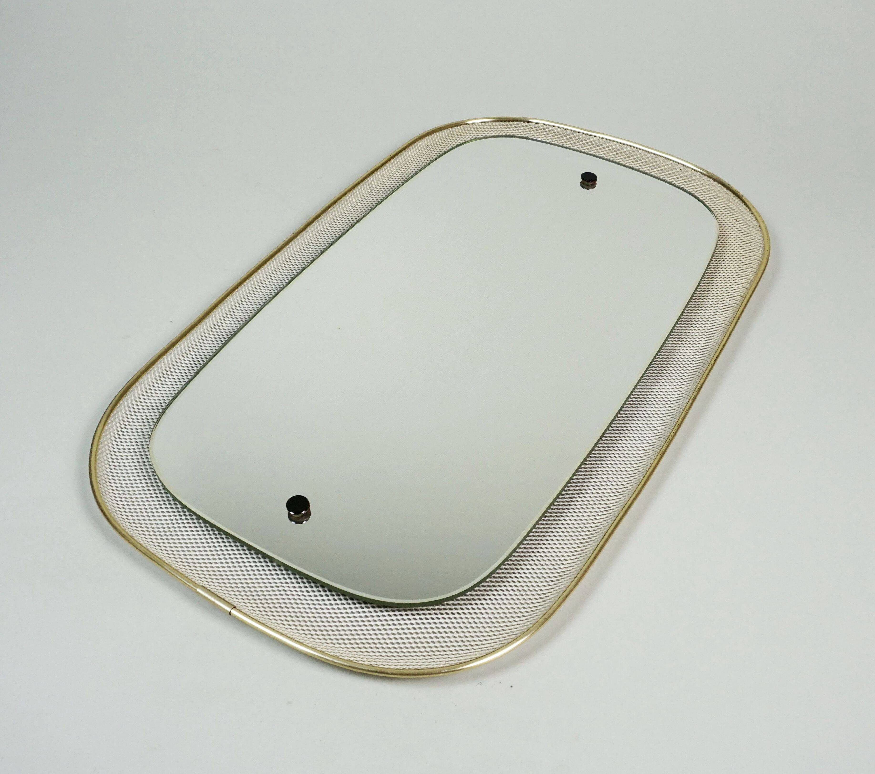 beautiful 1950's mid century modern WALL MIRROR wire mesh frame and brass