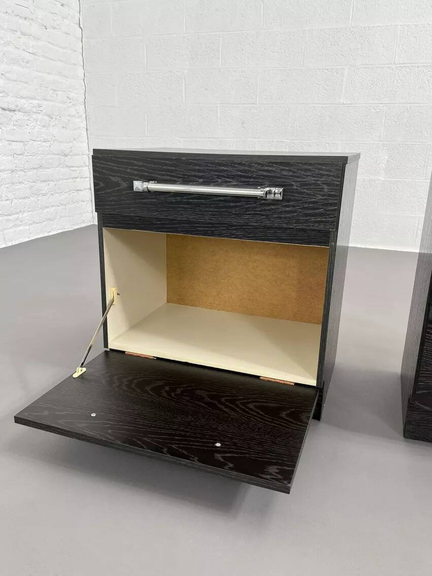 Pair of vintage black and chrome bedside tables