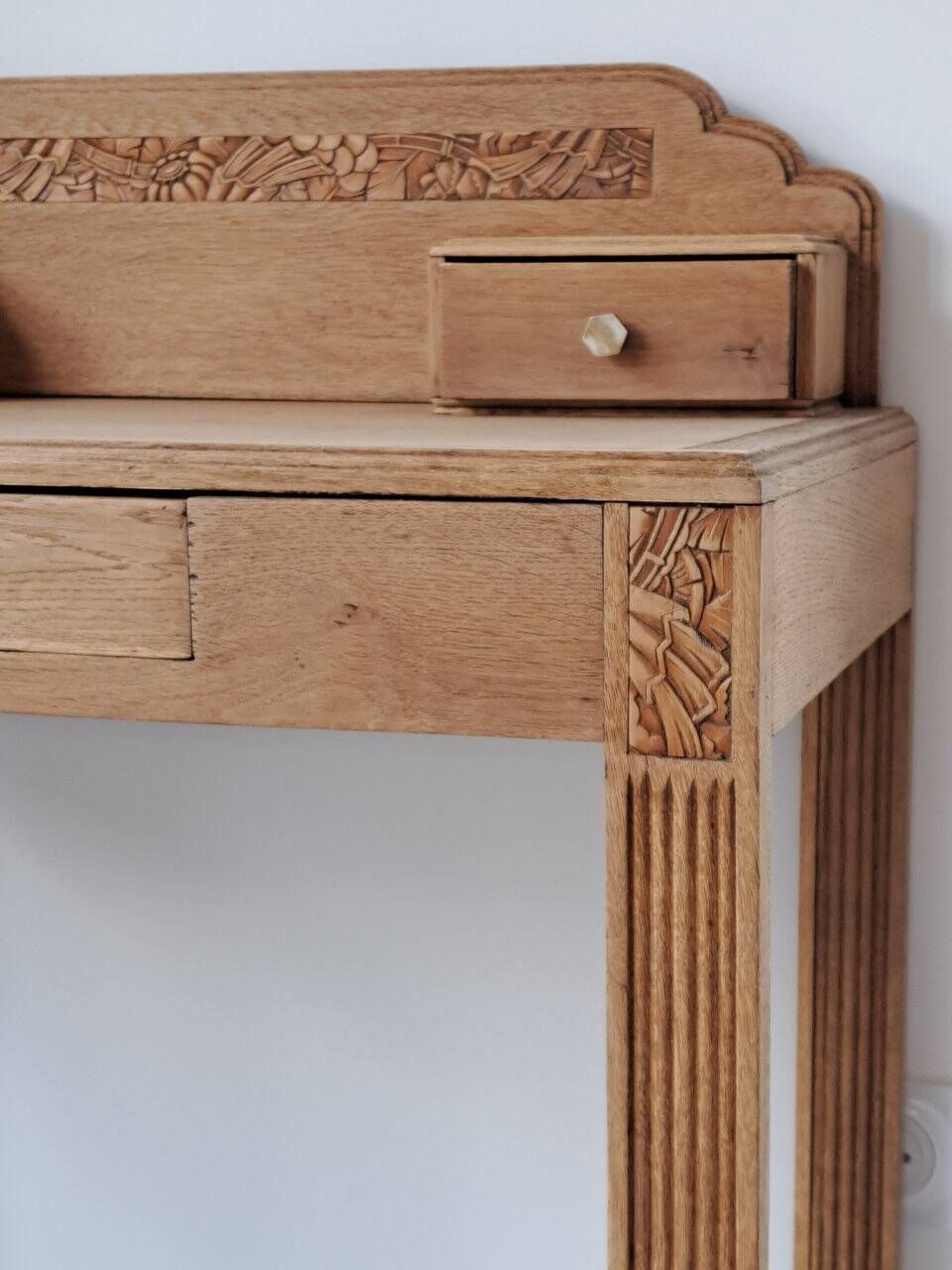 Art Deco oak desk, stripped finish, console size, 3 drawers.