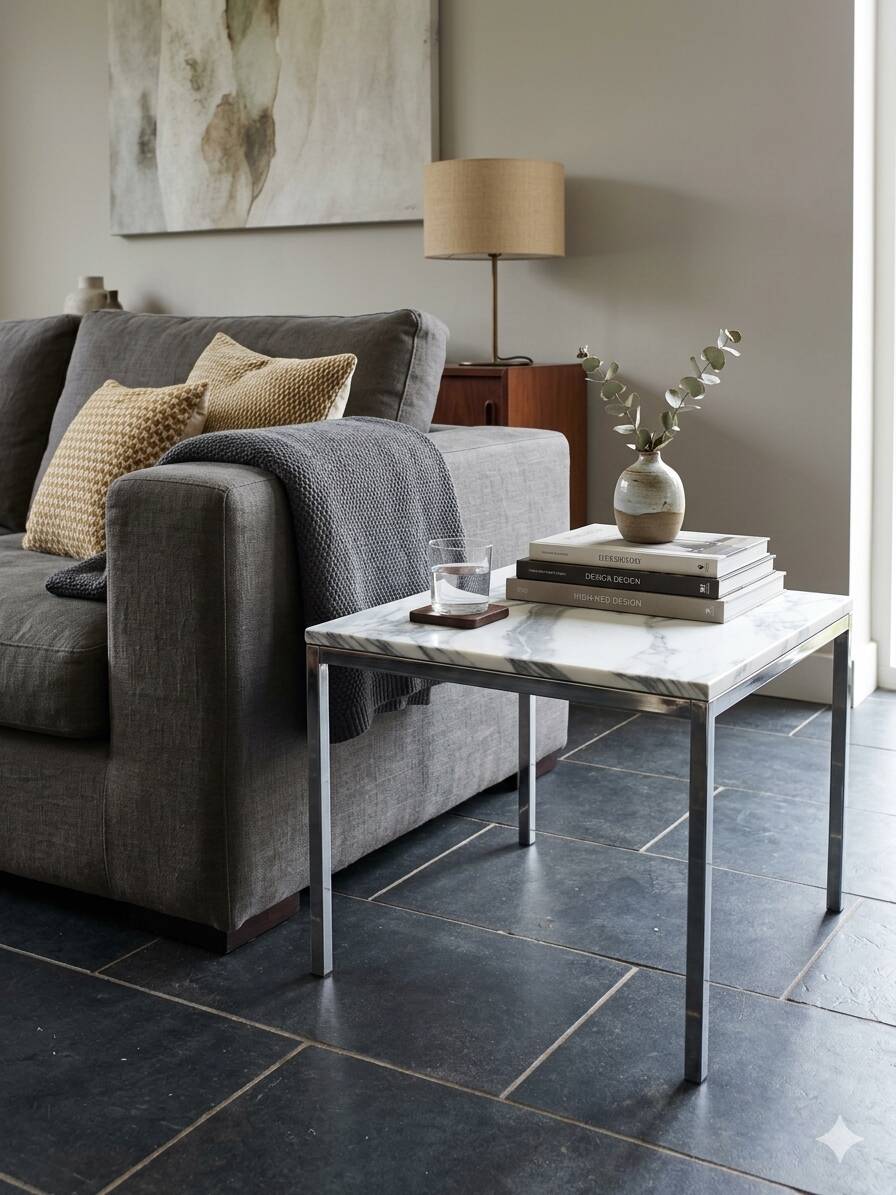 Table basse Roche Bobois en métal chromé dessus marbre,  1970