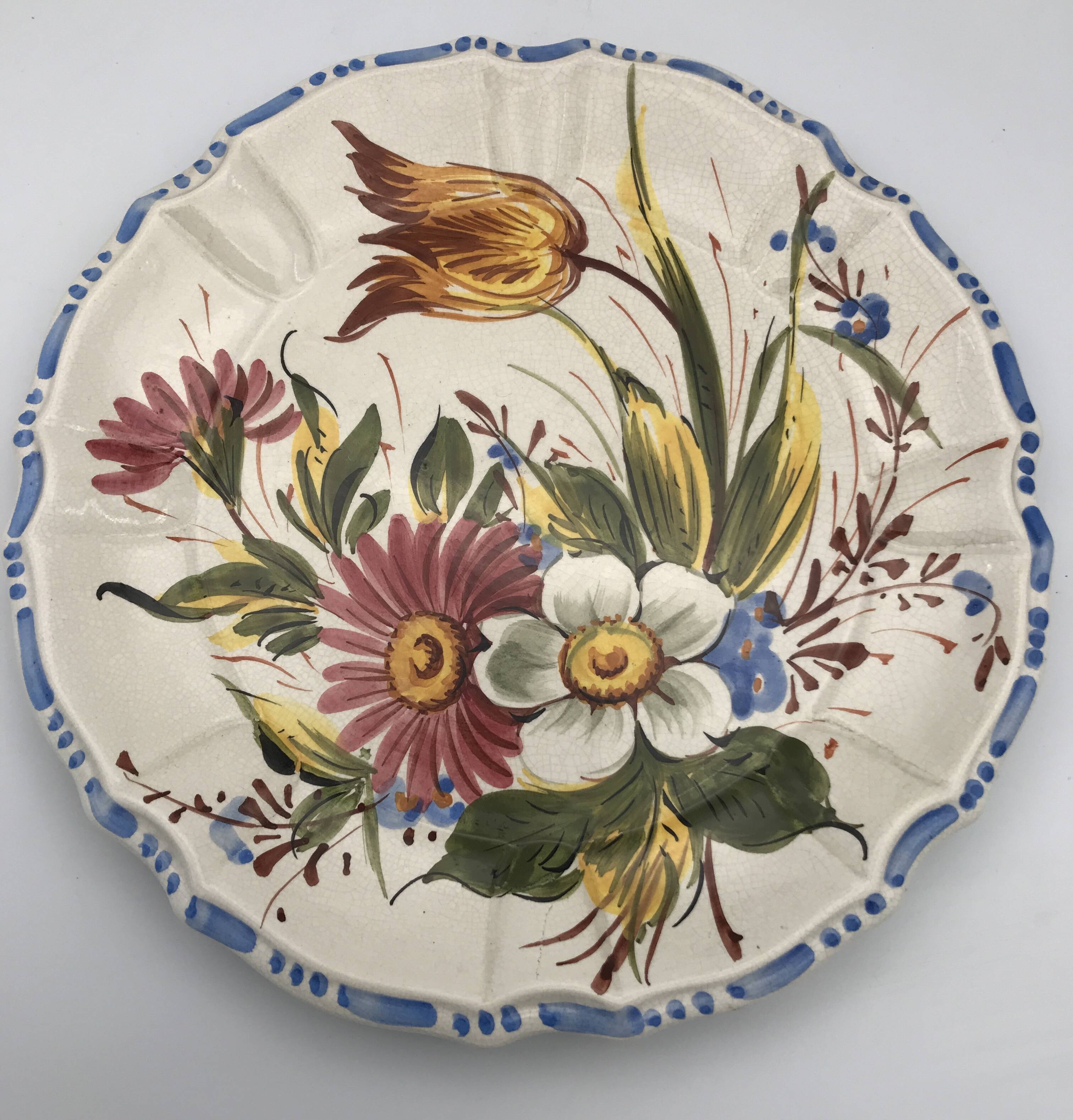 Earthenware wall plate signed bassano, italy, polychrome floral painting decoration
