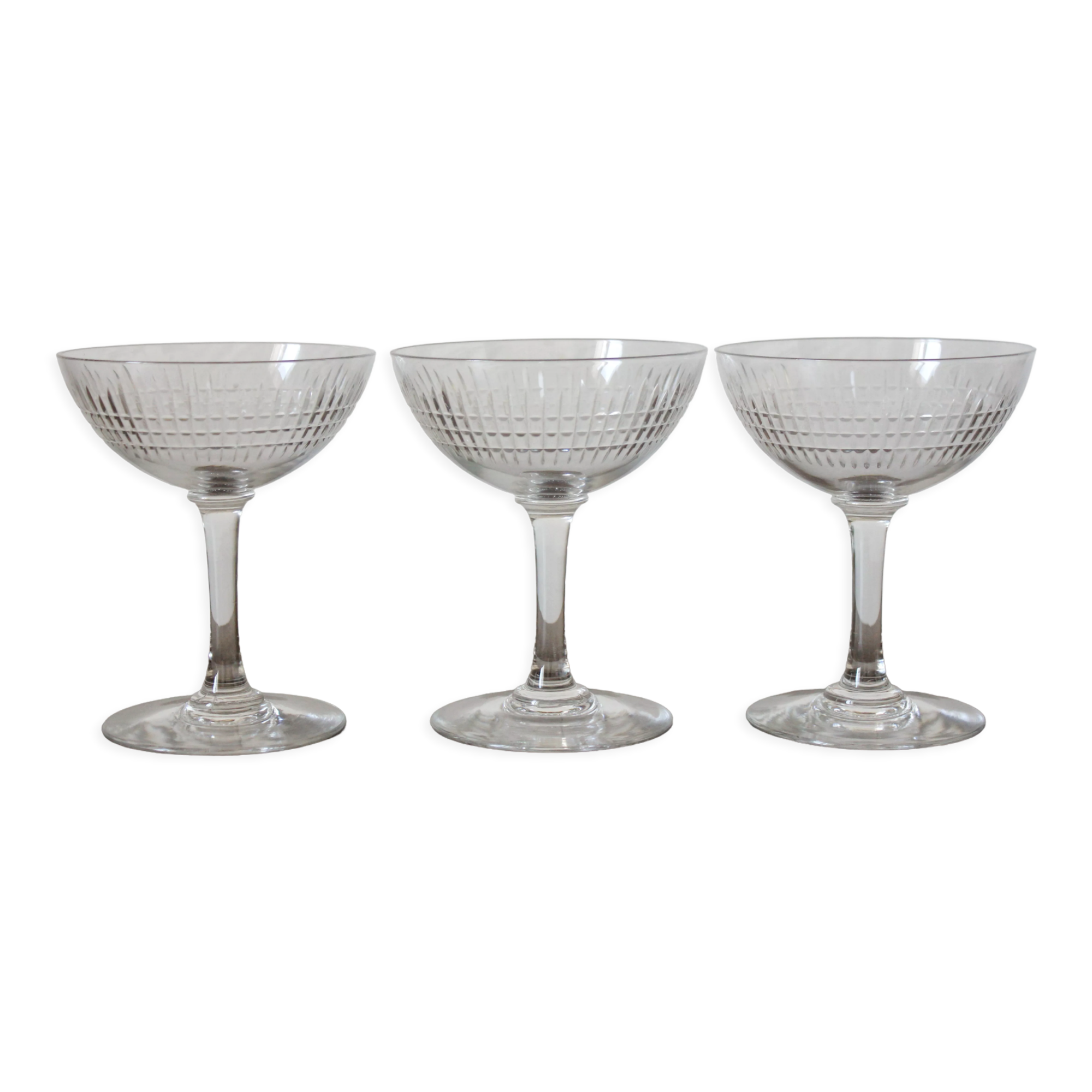 3 antique champagne glasses in ridged engraved crystal