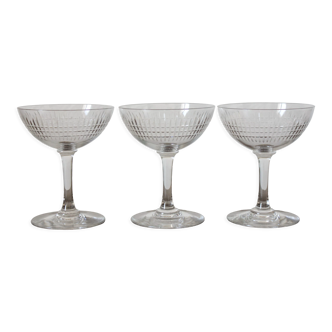 3 antique champagne glasses in ridged engraved crystal