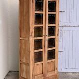 Parisian wardrobe in raw wood with engraved glass from 1920.