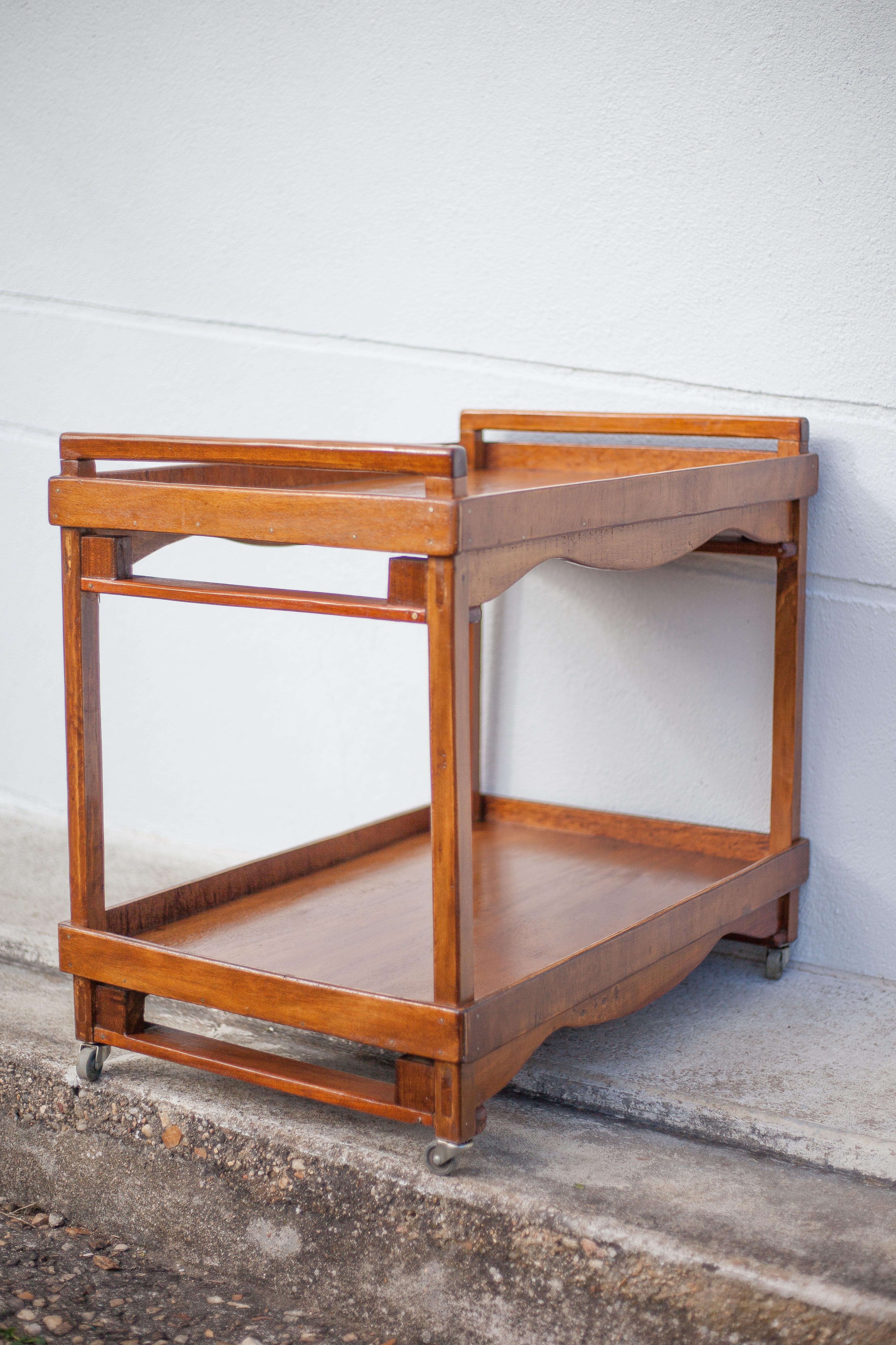 Wooden service with wheels, rolling trolley, rolling bar, wooden lounge furniture, vintage