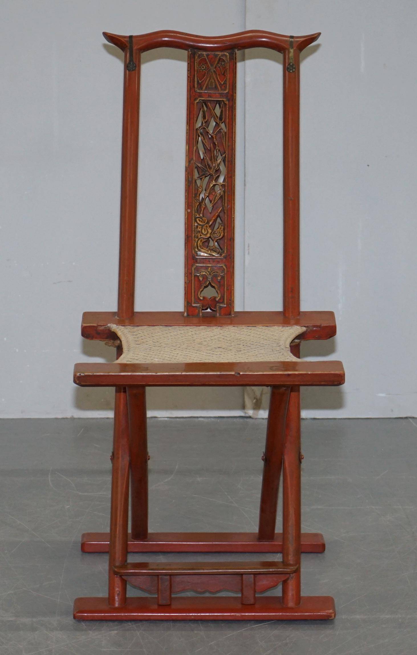 Chaise pliante chinoise antique avec sculptures, vers 1900-1920