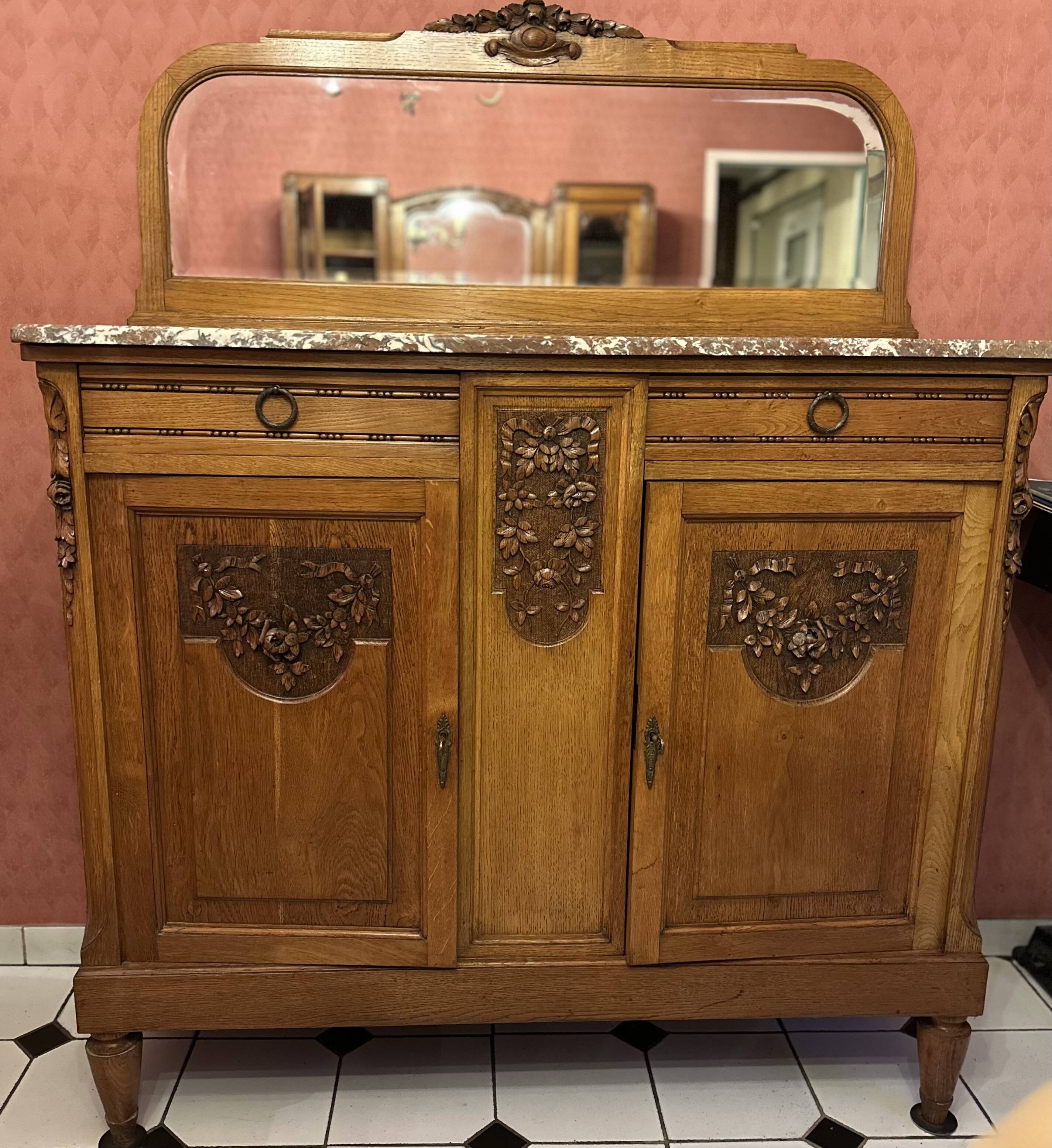 Art Deco solid wood sideboard with mirror and marble top