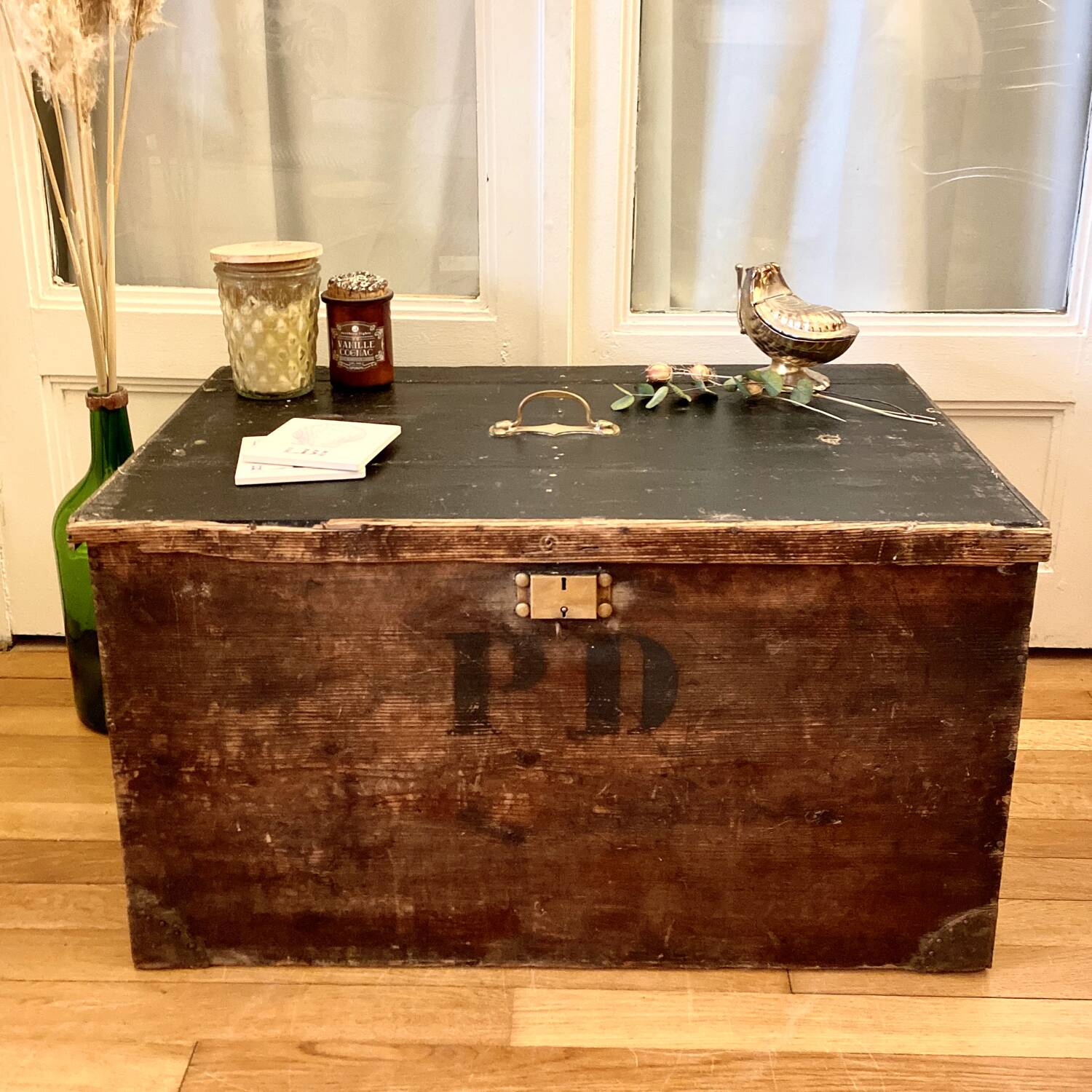Old wooden trunk chest, vintage flat top