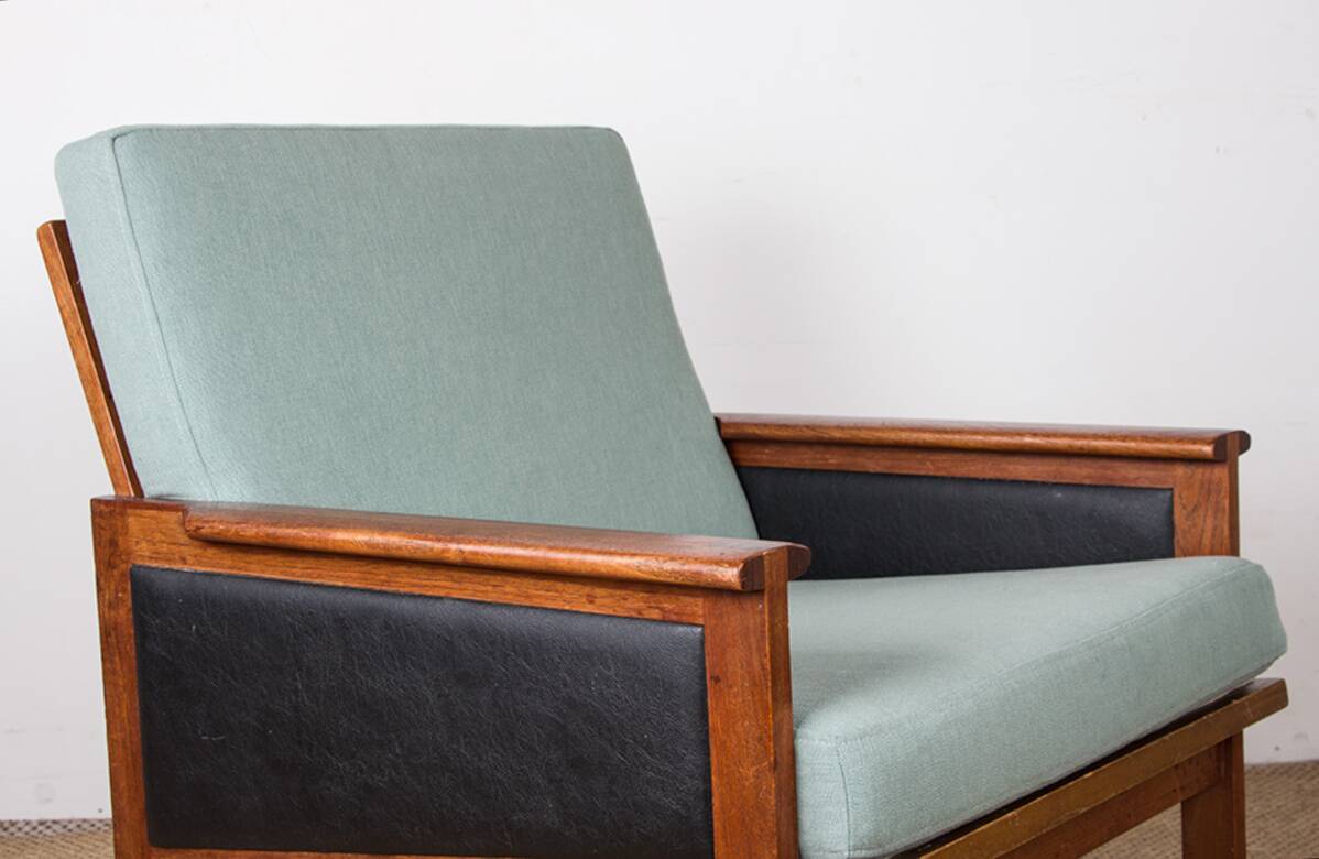 Pair of Danish Armchairs in Teak, fabric and leather, model N°4 Capella Illum Wikkelsø/Niels Eilersen.