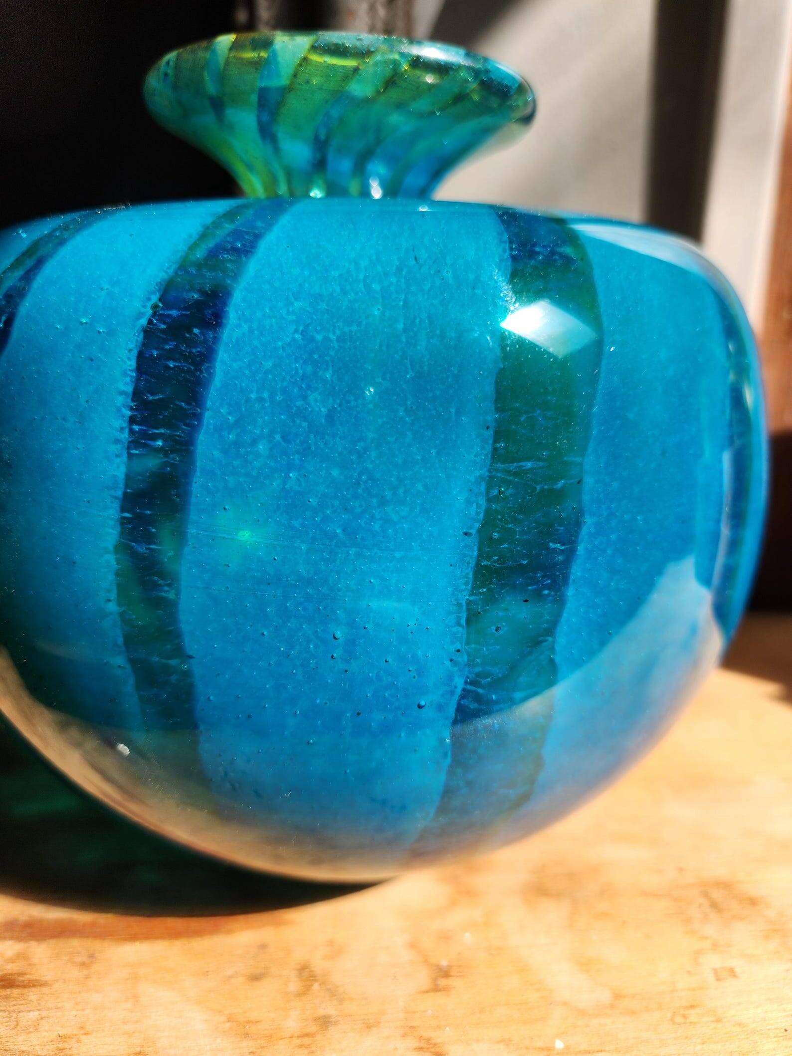 Vintage 1976 Mdina Glass Ming Bulbous Vase Blue and Yellow Swirl Hand Blown