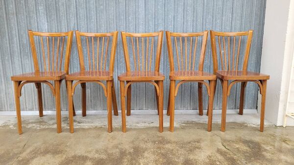 Série de 5 chaises bistrot Baumann signées anciennes
