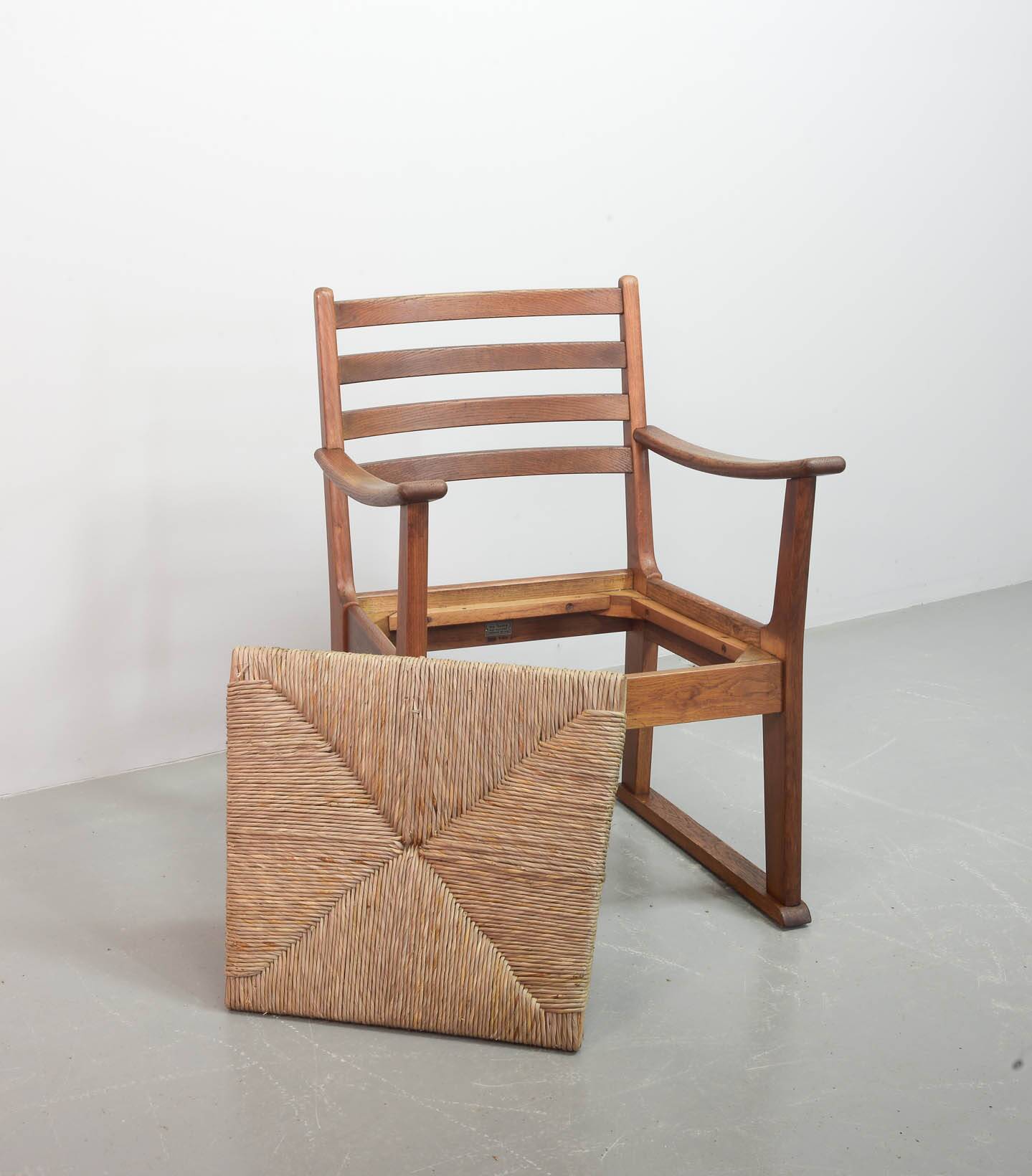 Rare Bas van Pelt Brutalist Oak Armchair with Woven Rush Seat for My Home