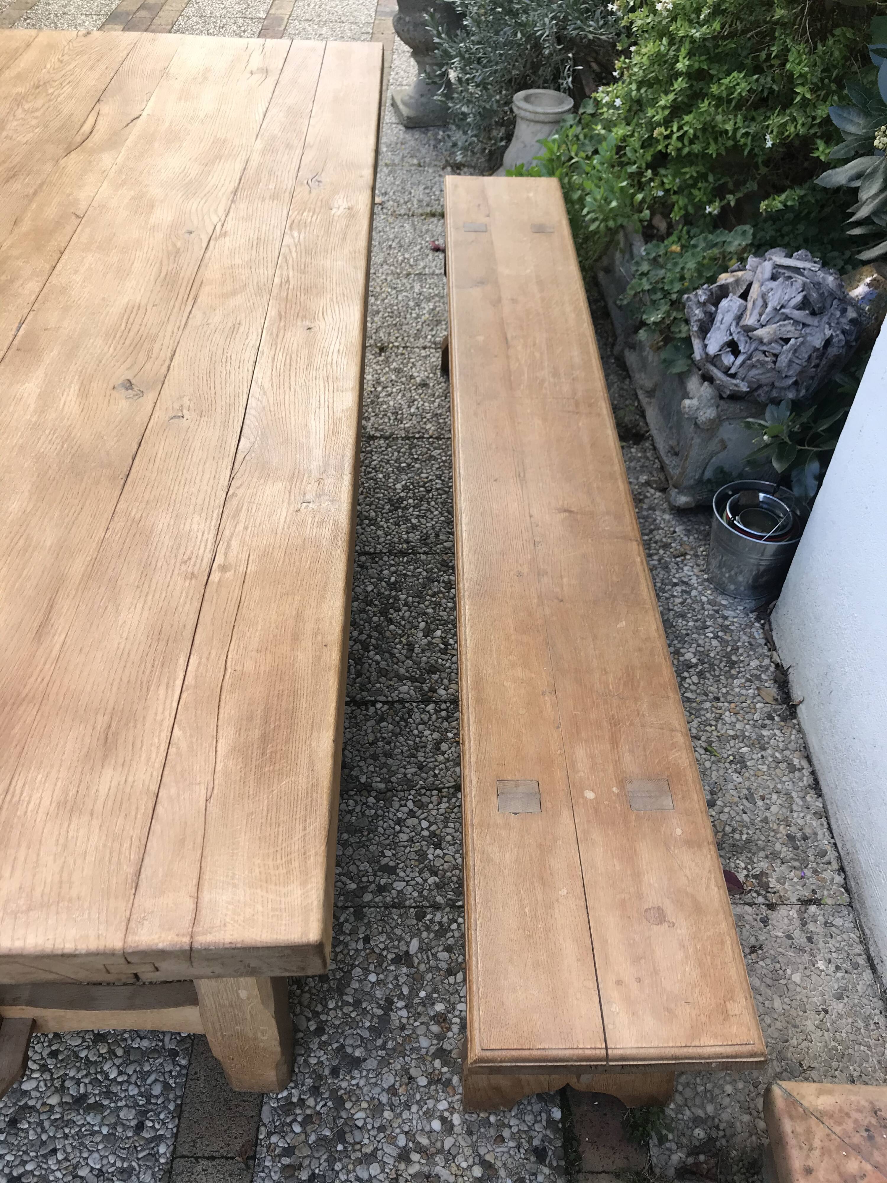 Farm table and two solid oak benches