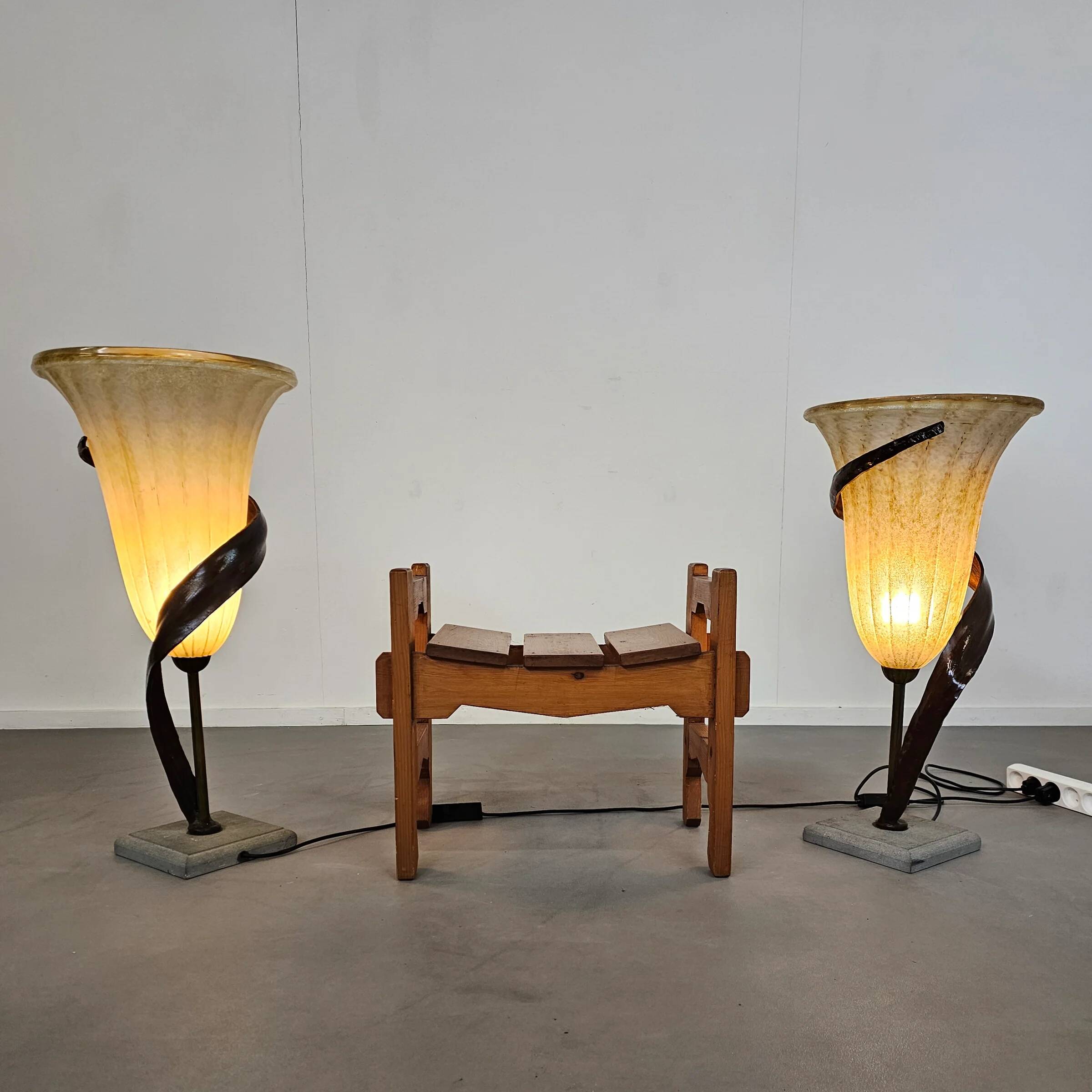 Large Jugendstil floor / table lamps, Roberto Galli, stone base with Italian glass shade