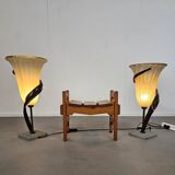 Large Jugendstil floor / table lamps, Roberto Galli, stone base with Italian glass shade