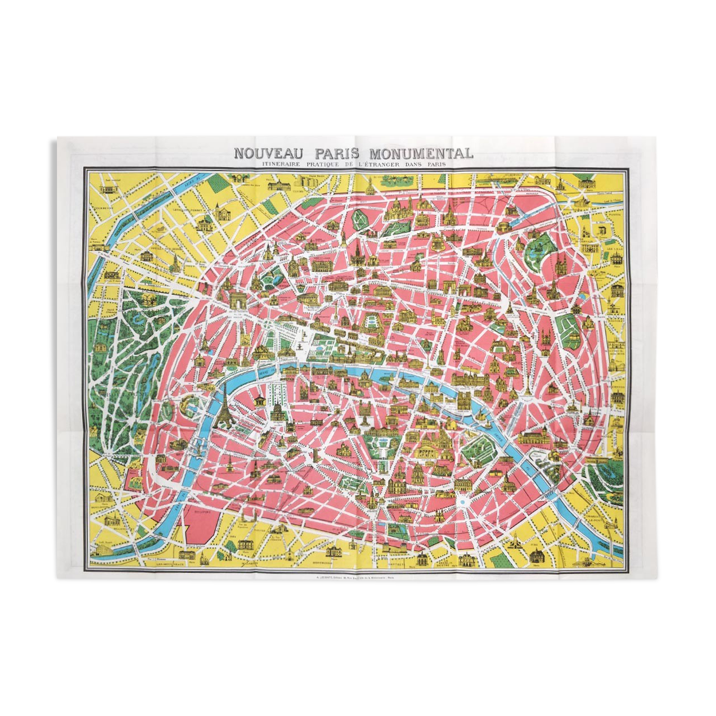 Old map New Paris monumental 75x55cm edition A. Leconte 1960