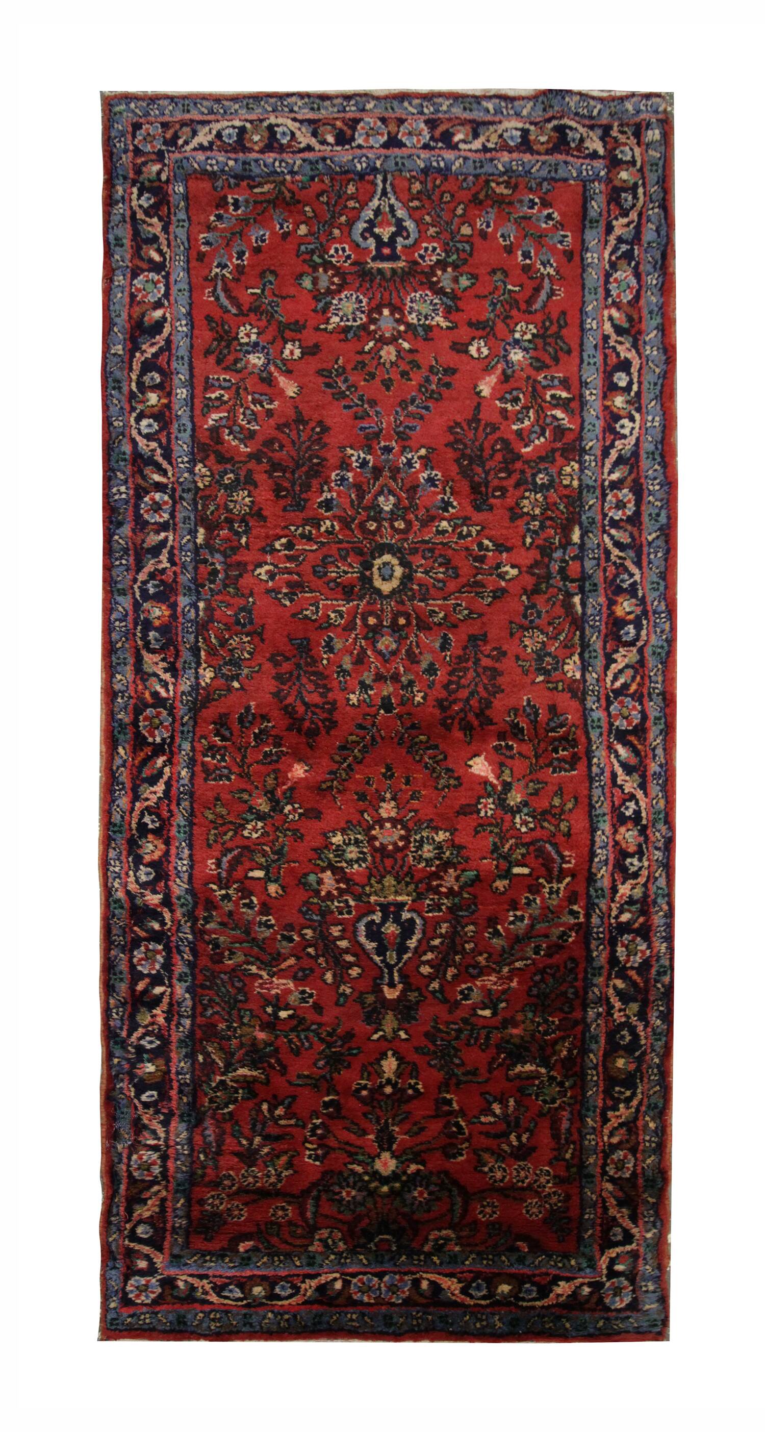 Burgundy Red Floral Wool Runner Rug,1960s Traditional Oriental Stair Runner