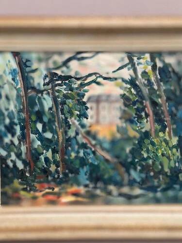 Original Swedish Oil on Panel "Houses in the Trees" Signed & Framed