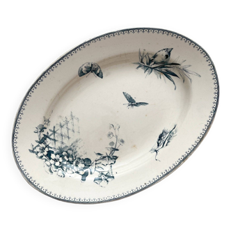 Oval ironstone dish with flowers and birds "Malaga" Petrus Regout
