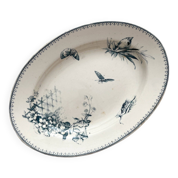 Oval ironstone dish with flowers and birds "Malaga" Petrus Regout