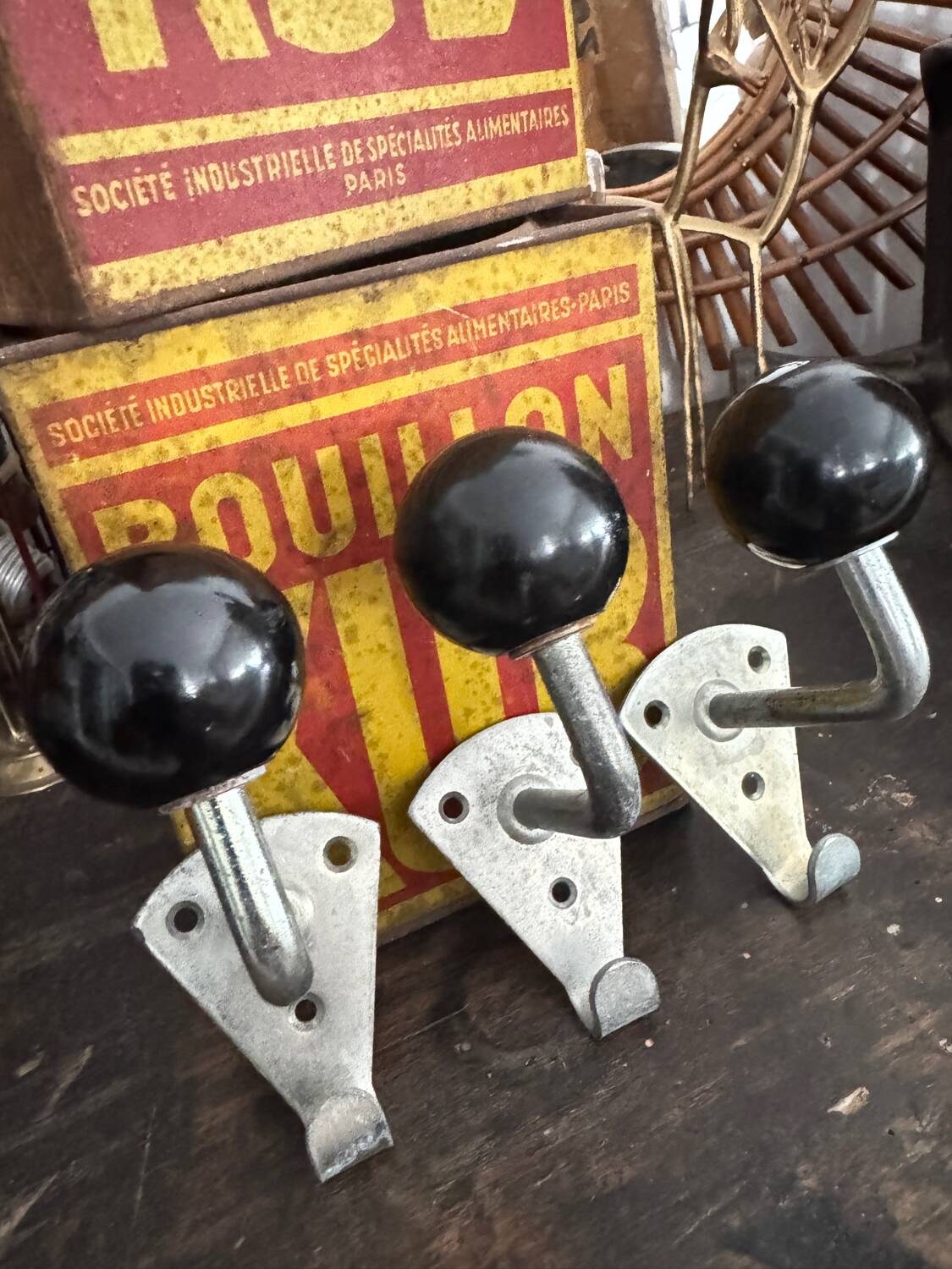 Old vintage black Bakelite ball hooks