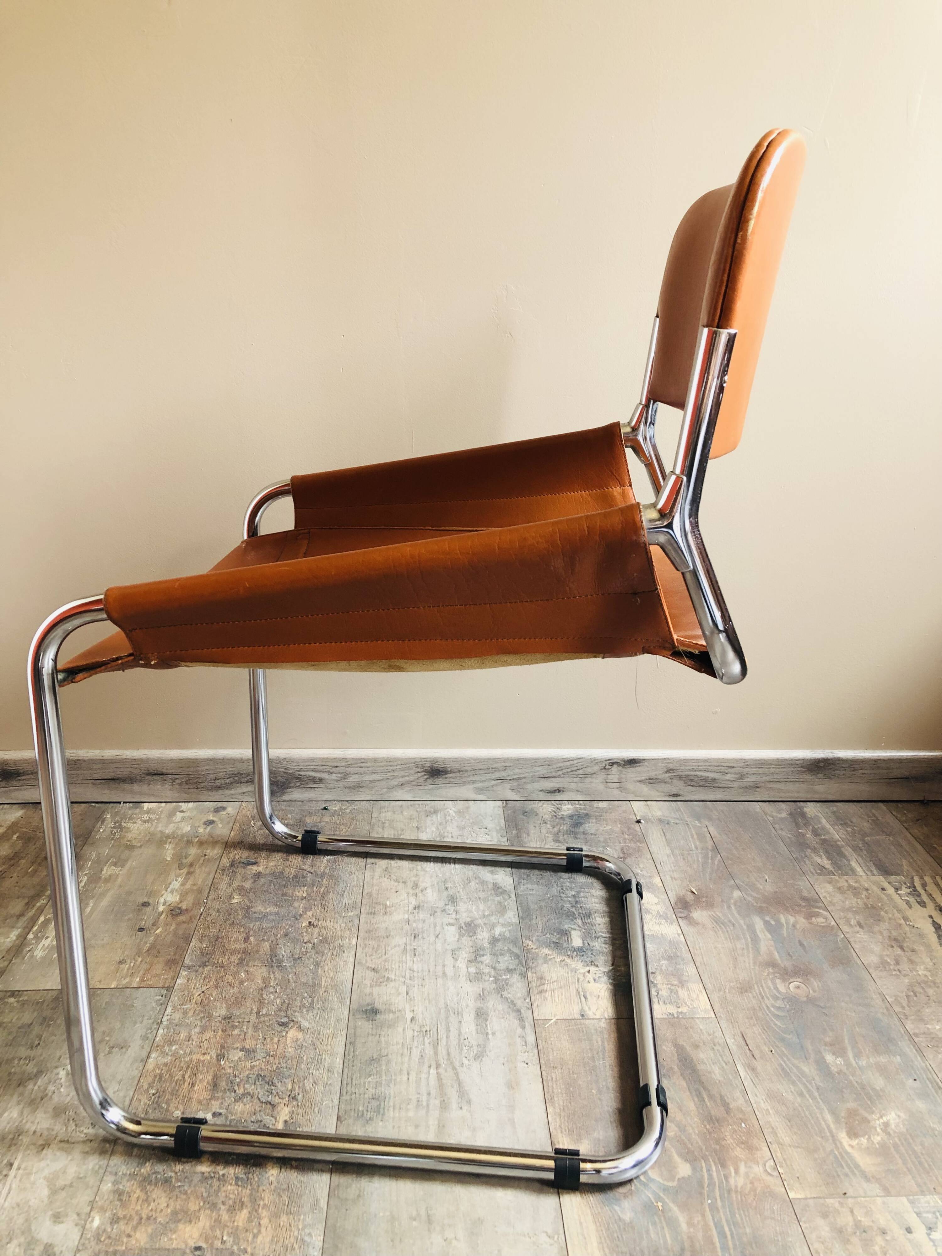 4 vintage 70s Italian chairs in cognac leather and stainless steel
