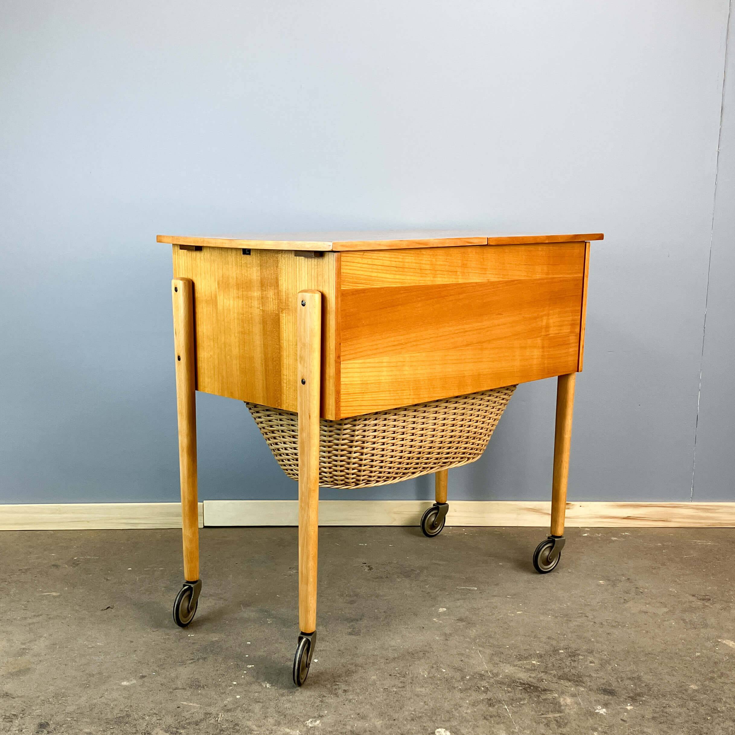 Wheeled sewing box, pear wood, beech, wicker, 1960s