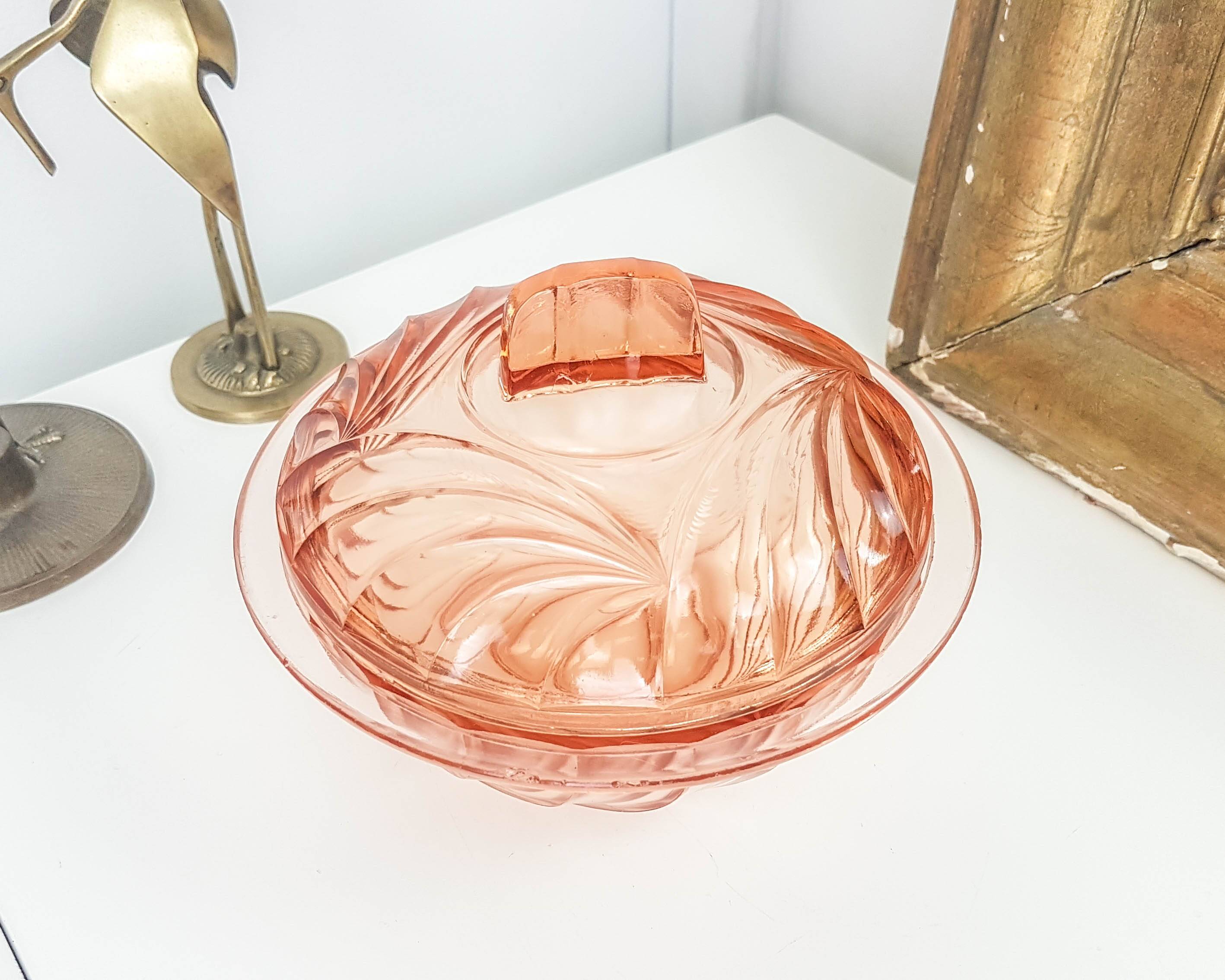 Vintage pink glass art deco candy box 1950
