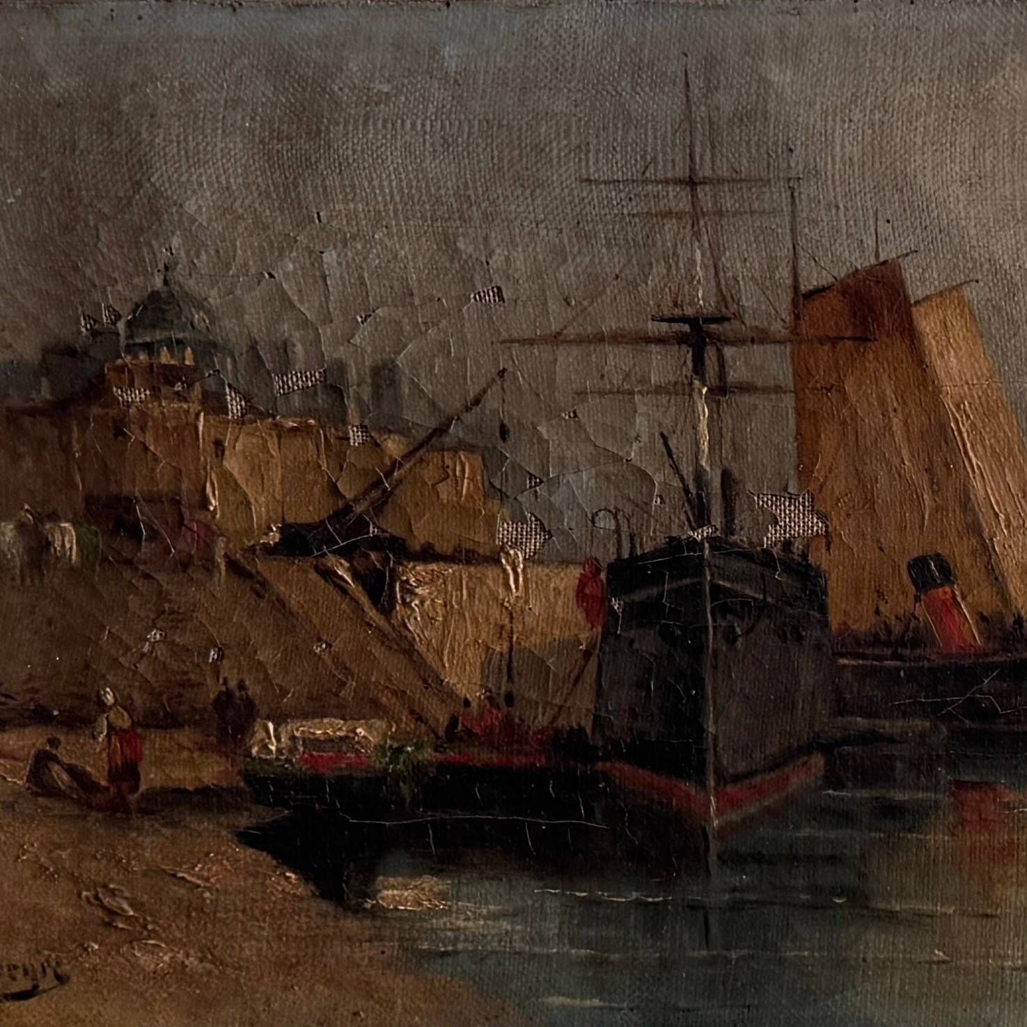 Oil on canvas depicting a boat at the quayside in the late 19th century by H. Hapeyre