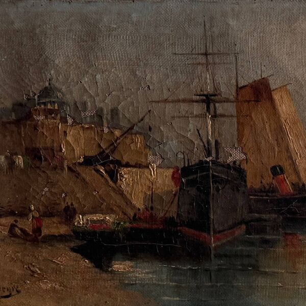 Huile sur toile représentant un bateau à quai fin par H. Hapeyre, XIXe s.