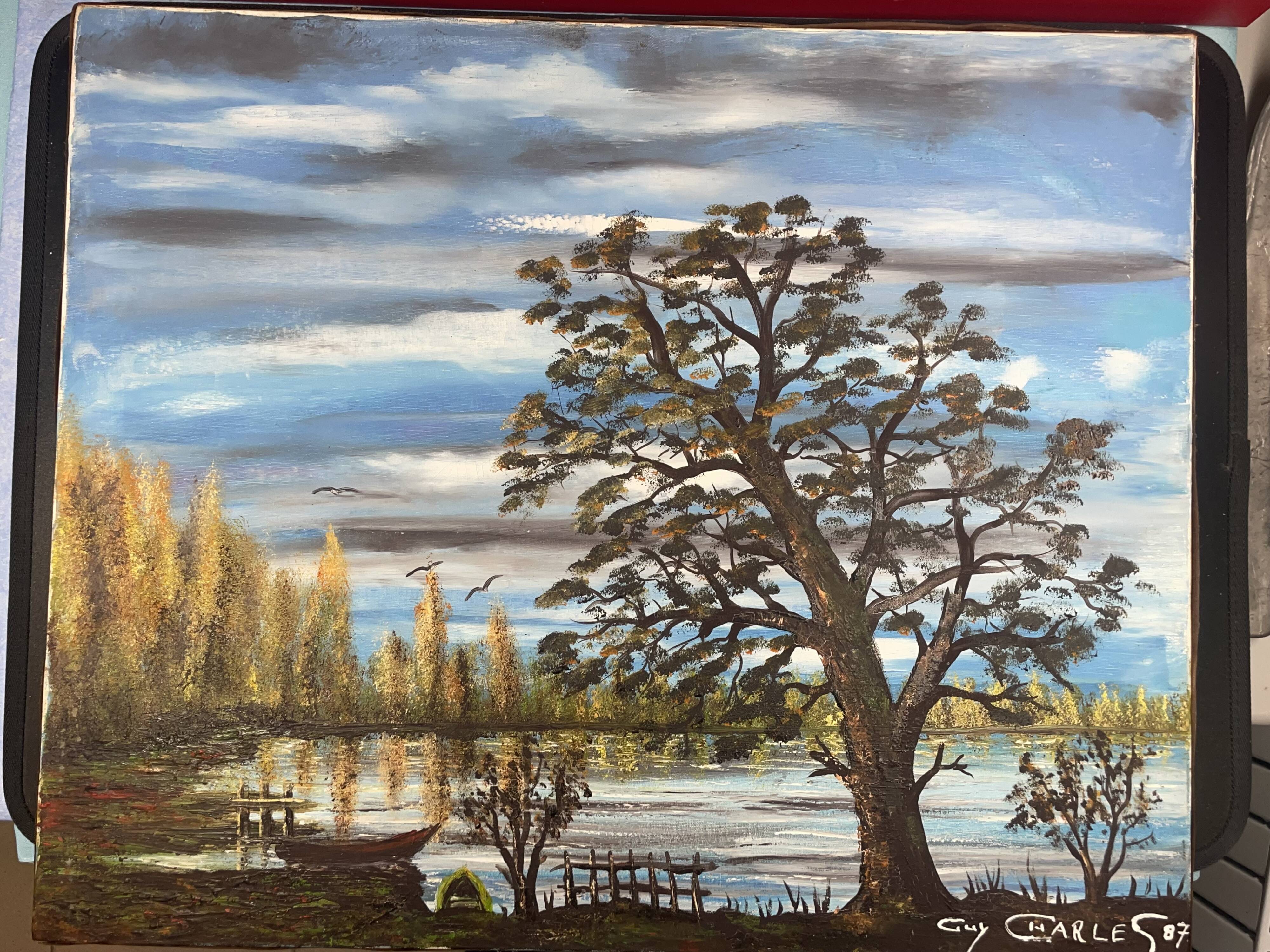 Lake landscape, Vendée marshes, oil on canvas signed Guy Charles