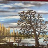 Lake landscape, Vendée marshes, oil on canvas signed Guy Charles