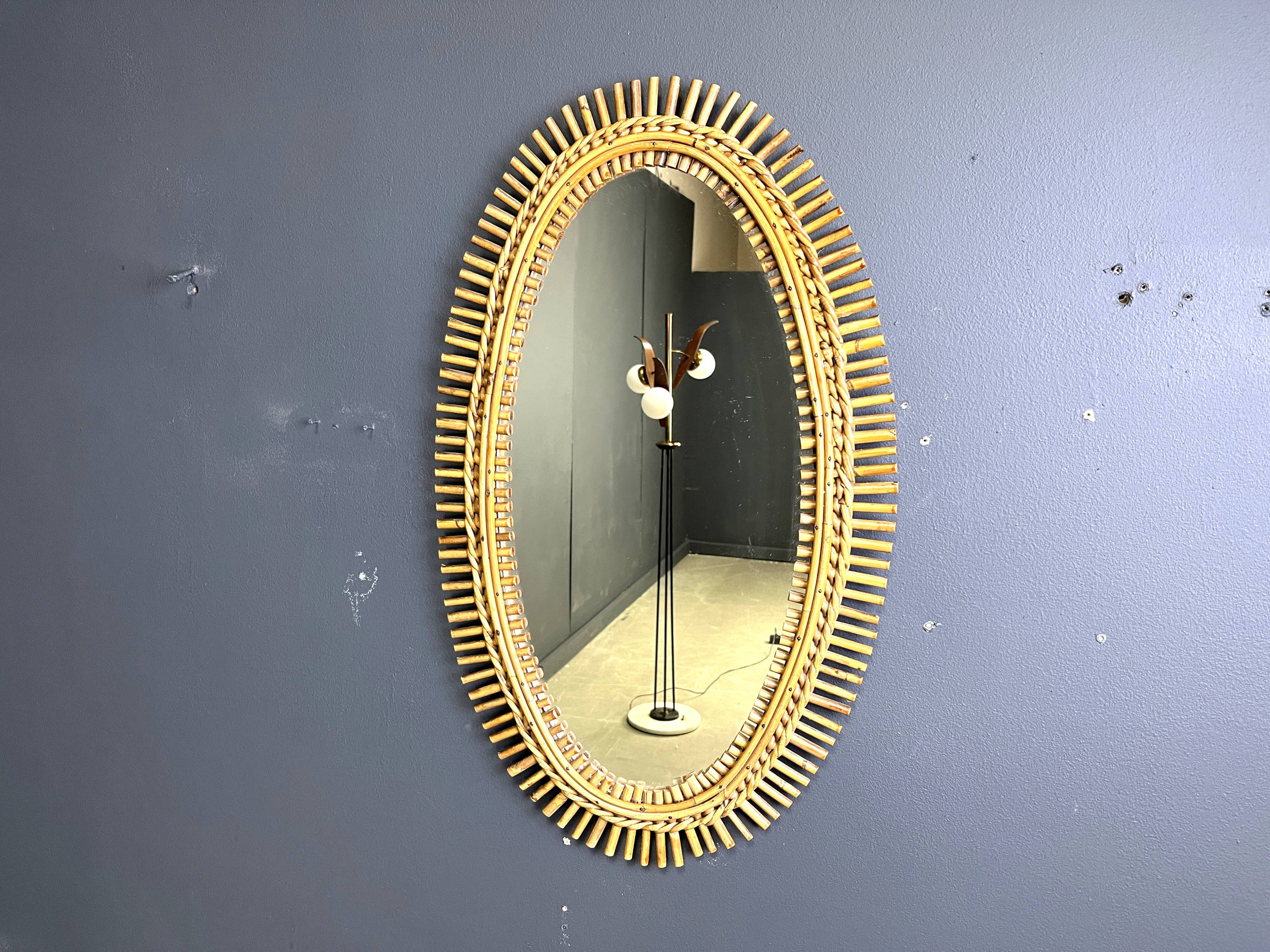 Miroir en bambou italien du milieu du siècle, années 1960
